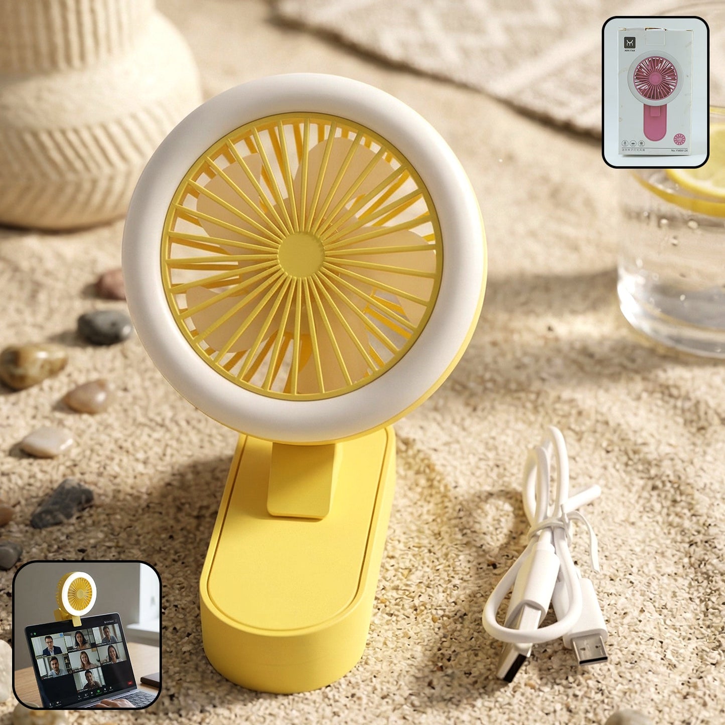 Portable Rechargeable Mini Table Fan With Led Light (1 Pc) - Grandsell
