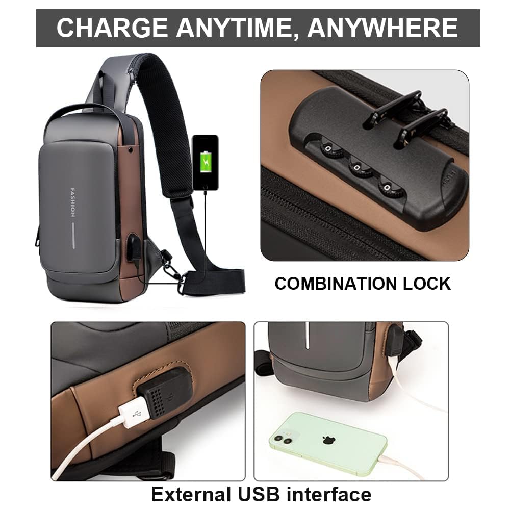 Multifunctional bag with charging port, lock, and USB interface on a white background