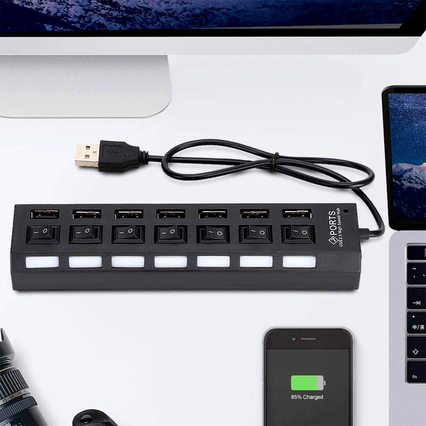 Usb Splitter Multi Port Usb 2.0 Hub 7 Port With Independent Onoff Switch And Led Indicators Usb A Port Data Hub Suitable For Pc Computer Keyboard Laptop Mobile Hdd Flash Drive Camera Etc - Grandsell