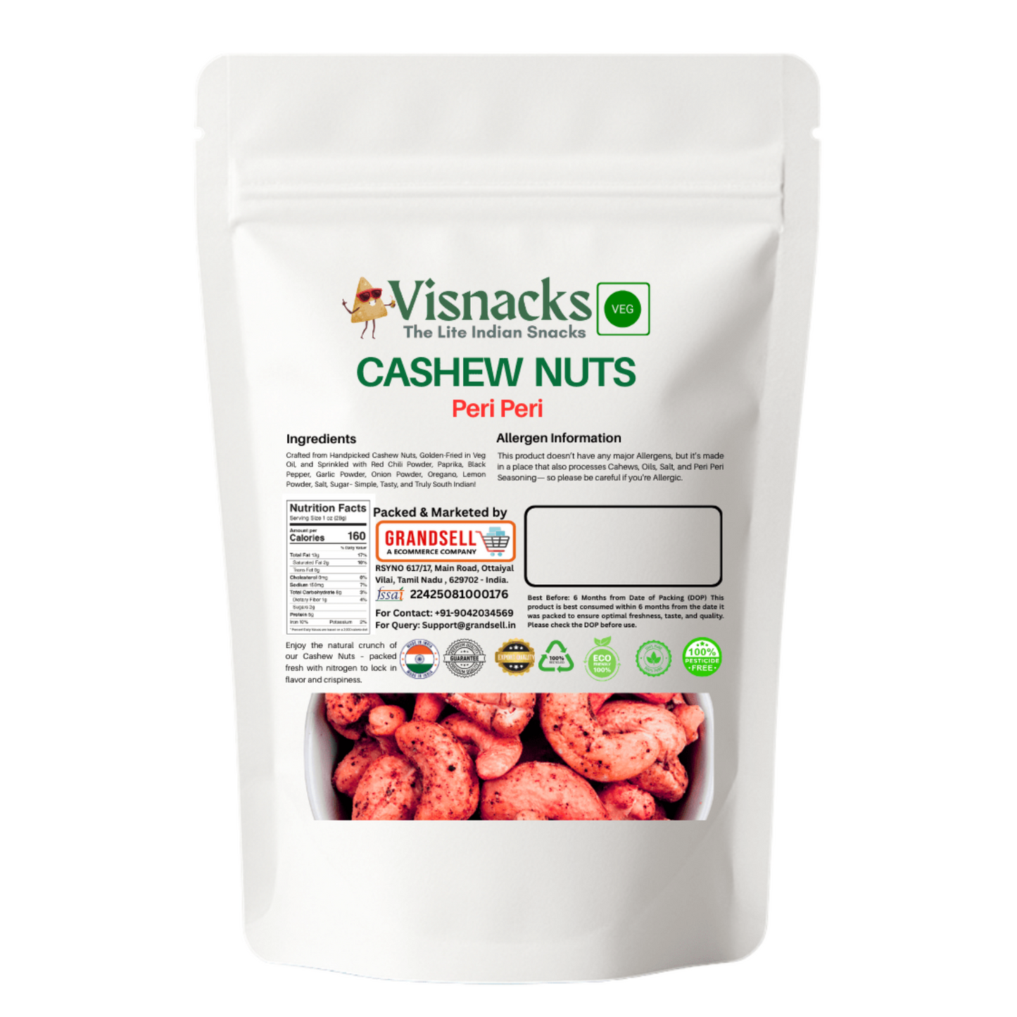 Visnacks Cashew Nuts Peri Peri 250 Grams - Grandsell
