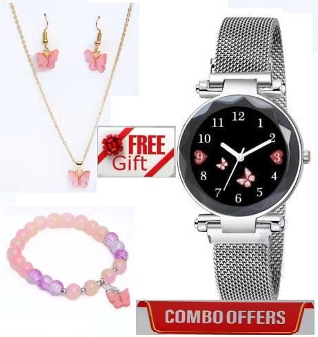 Women’s Butterfly Design Analog Watch with Bracelet, Necklace & Earrings - Grandsell