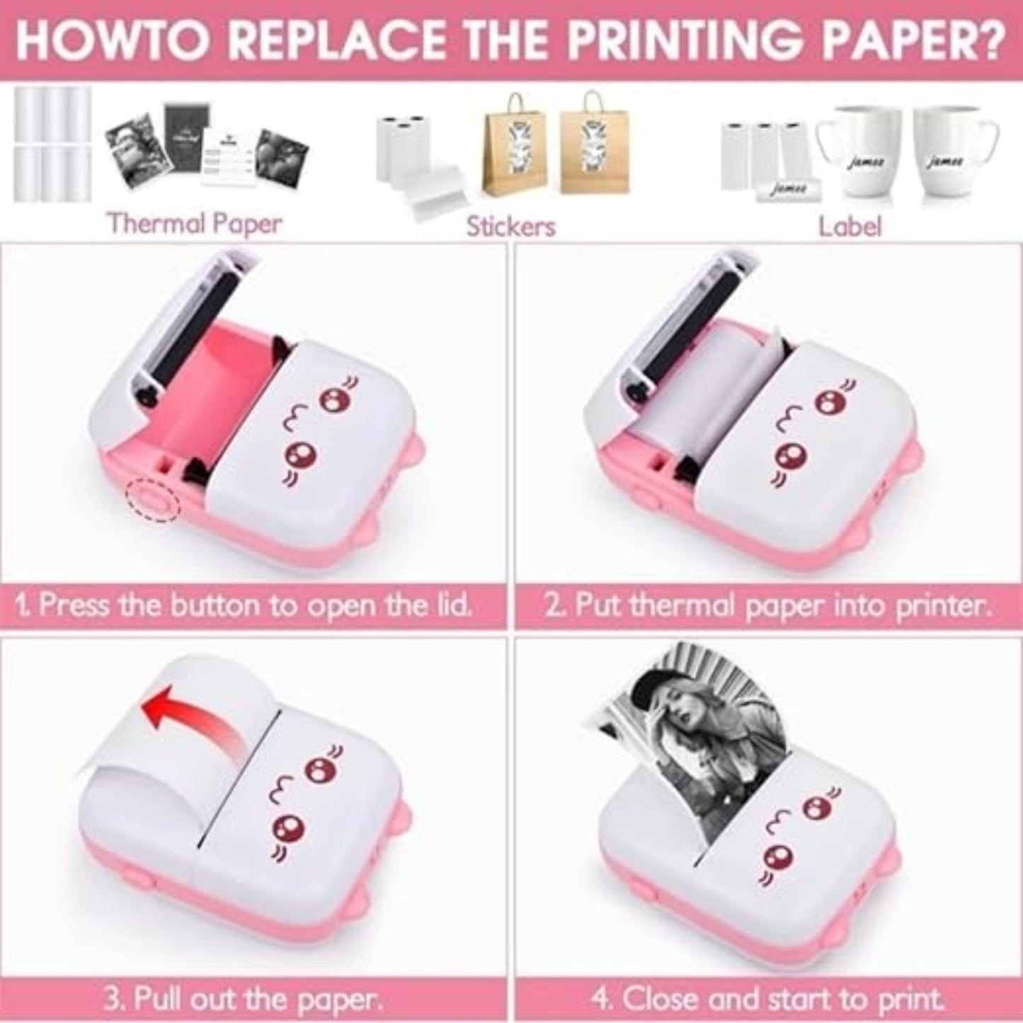 Step-by-step guide on how to replace printing paper with images of a printer and paper.