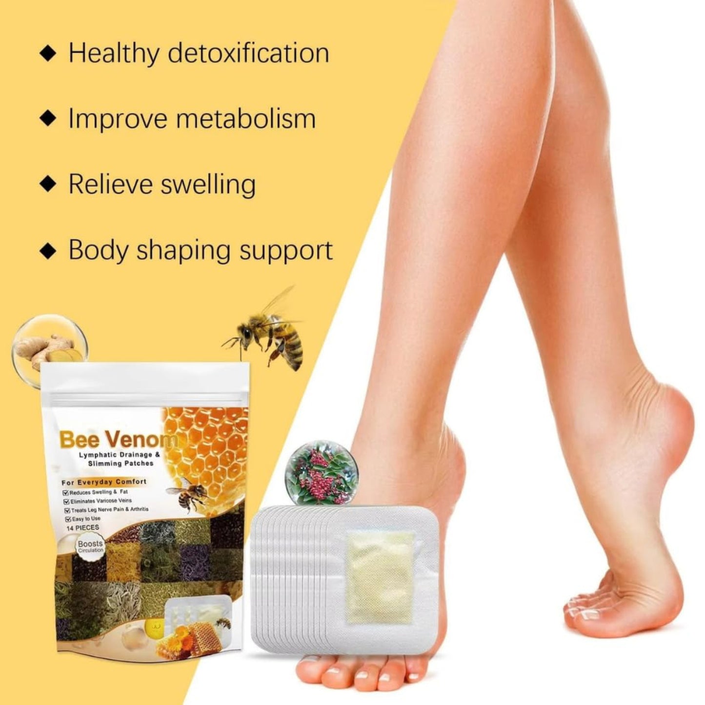 Bee venom product packaging with foot patches and text on a yellow grandsellbackground