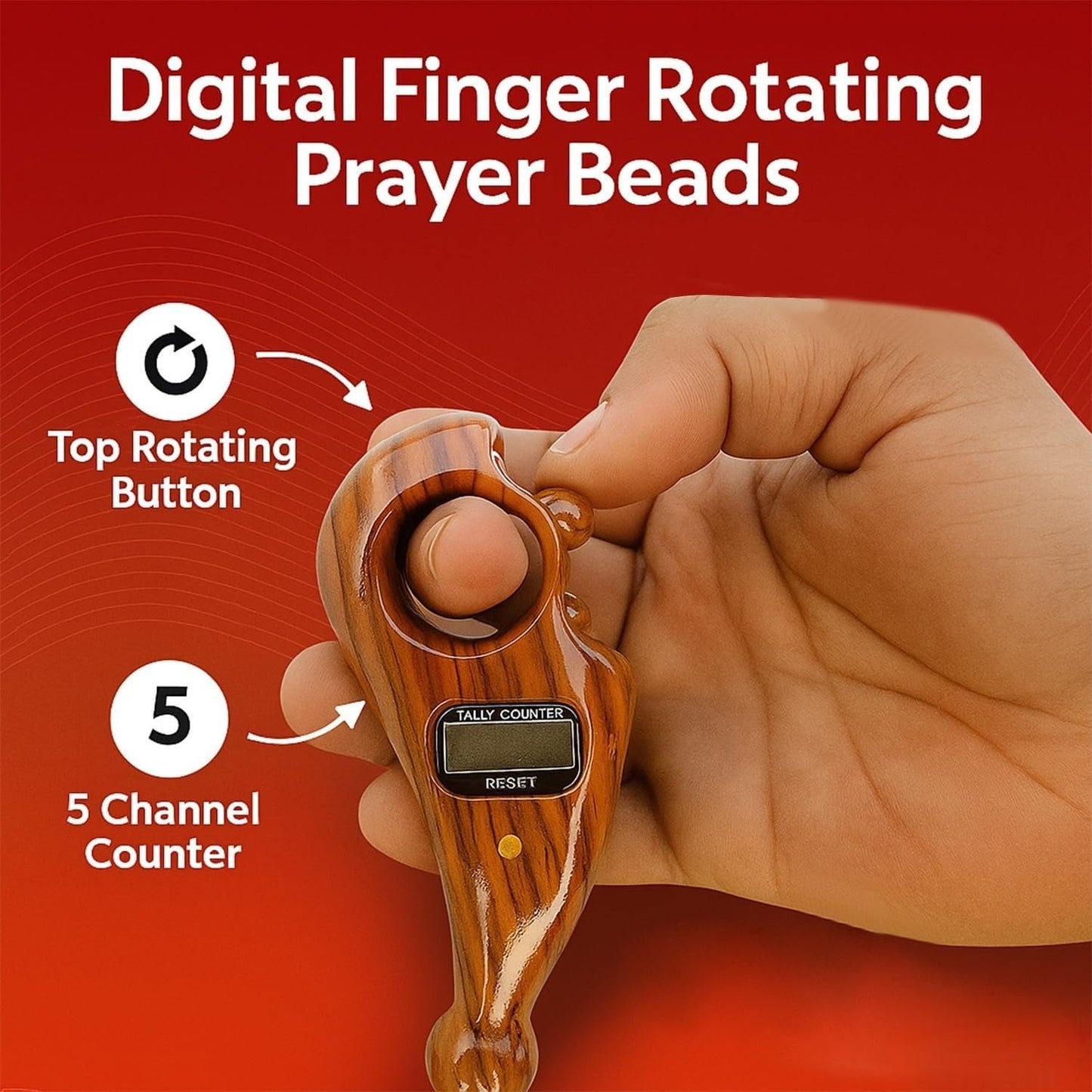 Digital finger rotating prayer beads with a hand holding it against a red background