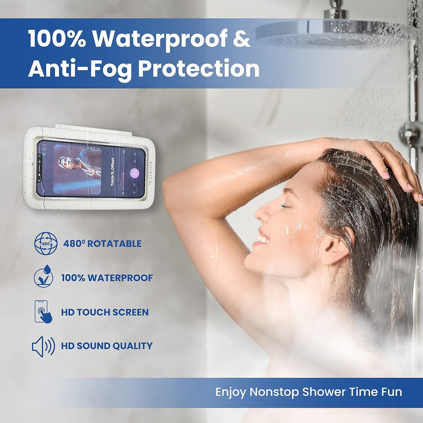 Person using a waterproof phone case in the shower with product features highlighted.