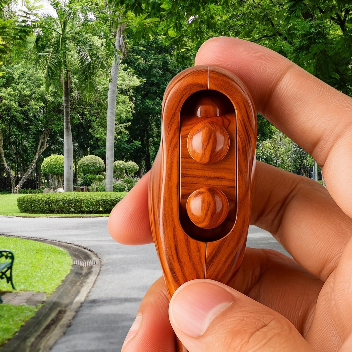 Wooden fidget spinner held in a hand with a park background