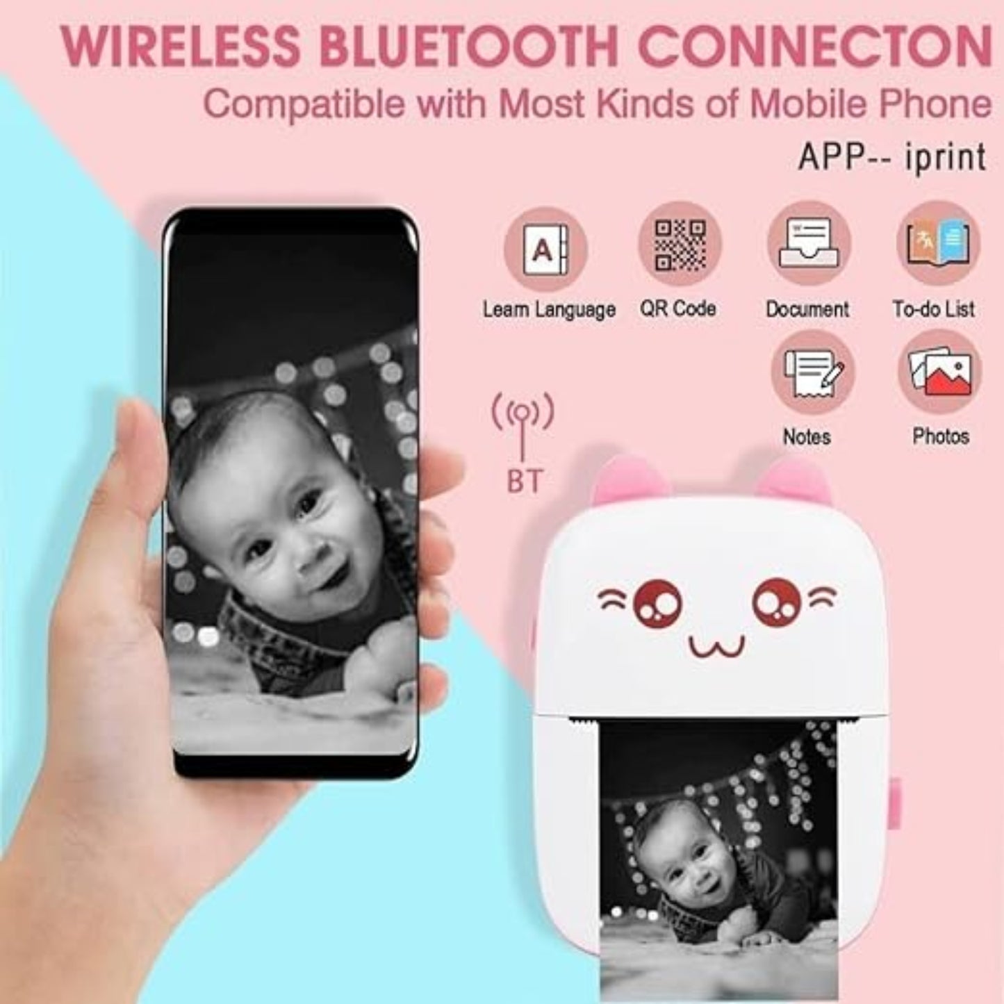 Wireless Bluetooth photo printer connected to a smartphone displaying a baby photo.