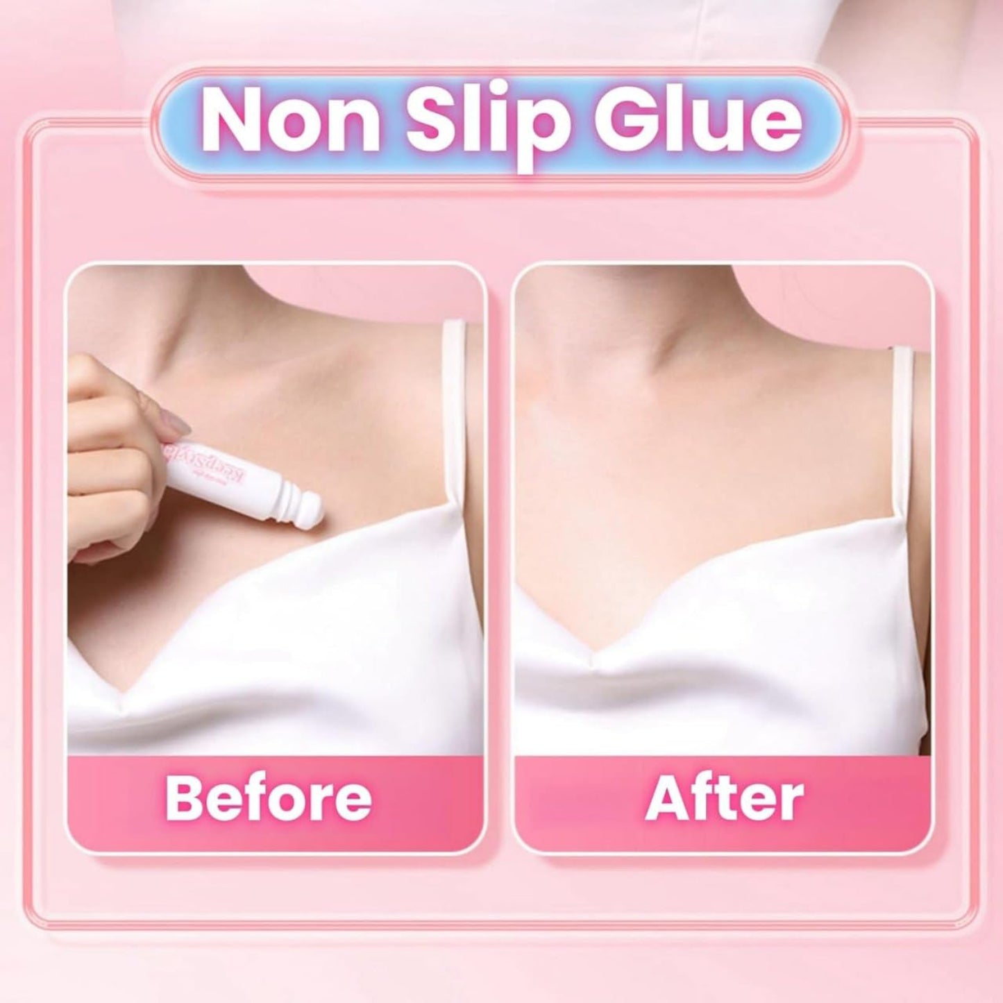 Before and after application of non-slip glue on a white shirt with a pink border.