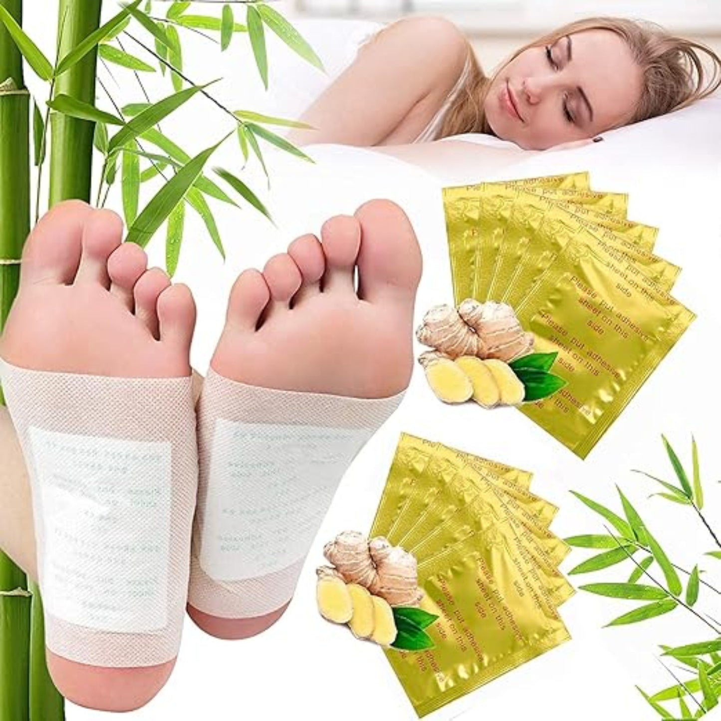 Foot patches with bamboo and herbal elements on a white background grandsell