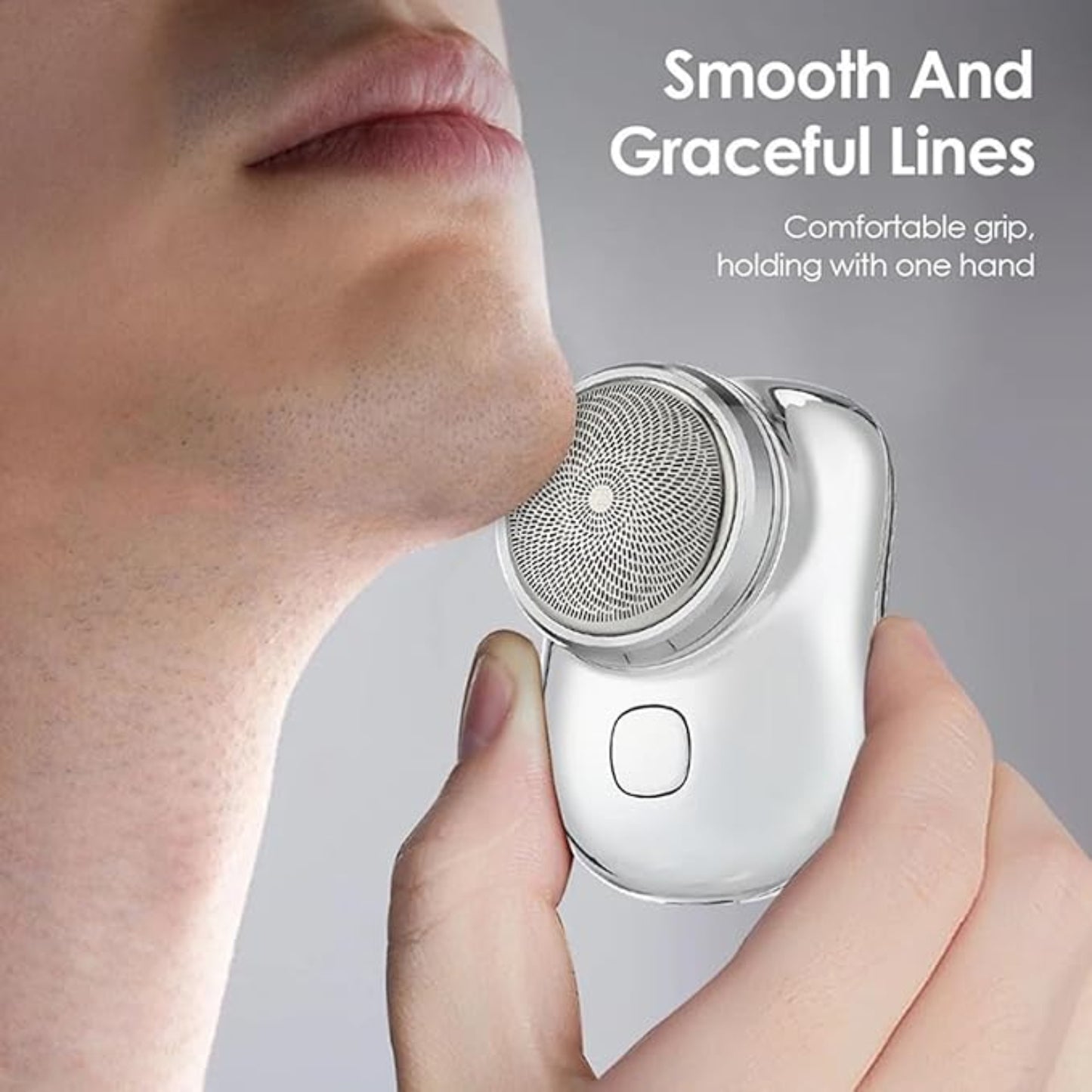 Person holding a white electric shaver with text about smooth lines and comfortable grip.