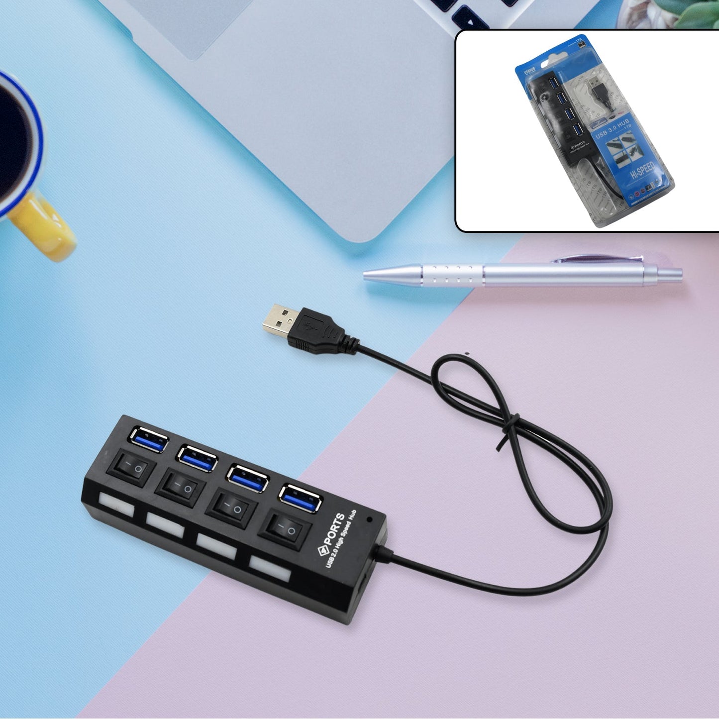 4 Port Usb Hub Usb 2.0 Hub Splitter High Speed With Onoff Switch Multi Led Adapter Compatible With Tablet Laptop Computer Notebook - Grandsell