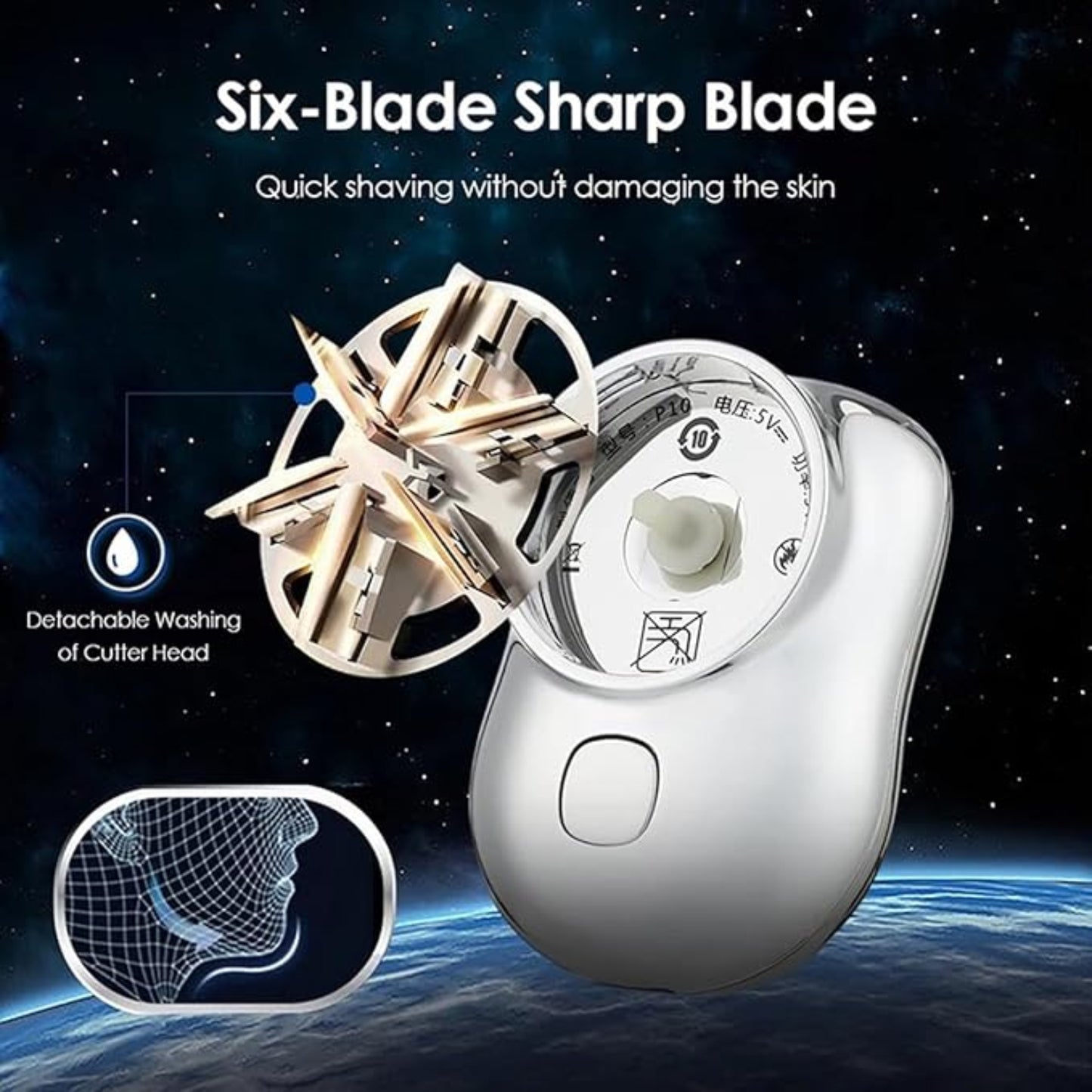Shaving device with six-blade sharp blade on a space-themed background