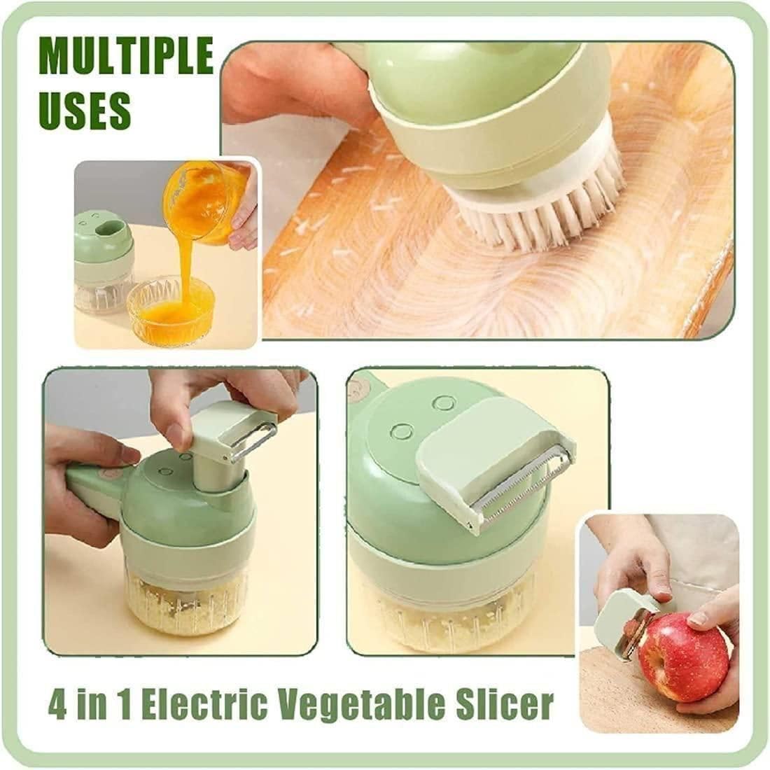 4-in-1 electric vegetable slicer with multiple uses on a wooden surface