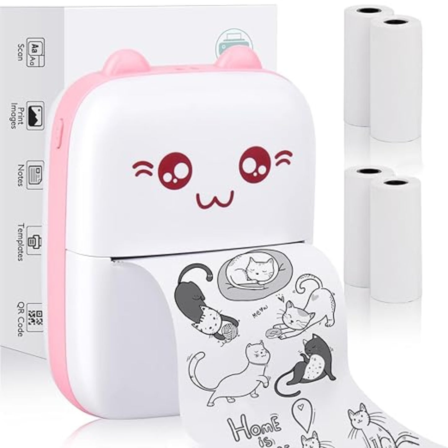 White and pink printer with cartoon face and cat illustrations, next to paper rolls on a white background.