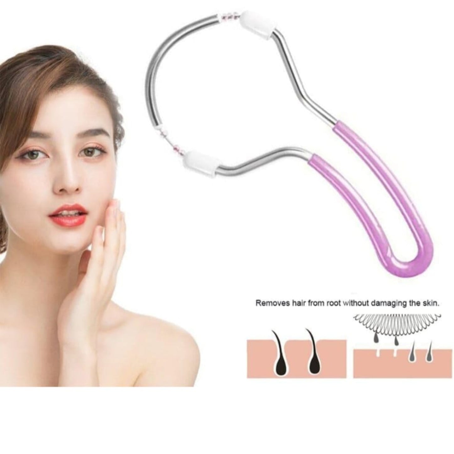 Portable hair removal tool with a woman's face on a white background