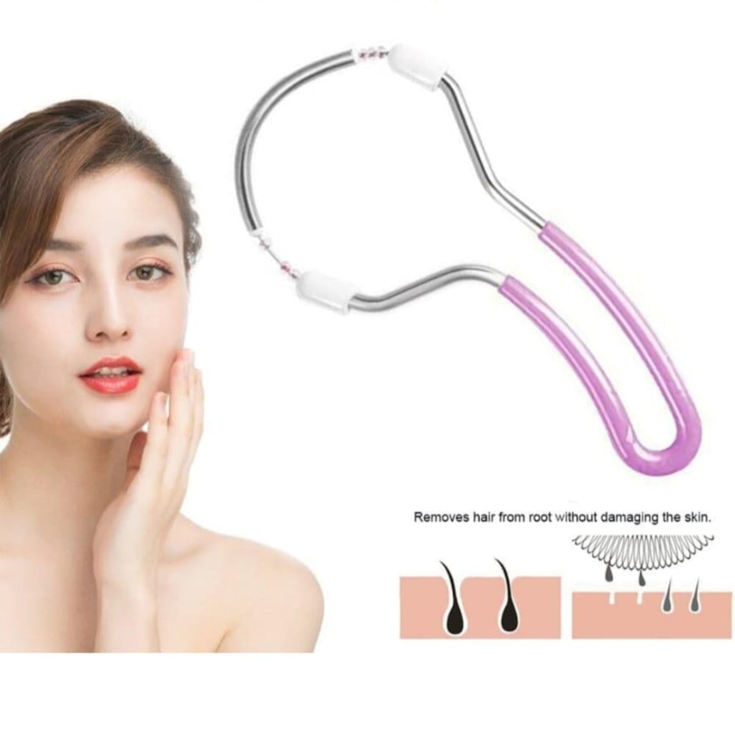 Portable hair removal tool with a woman's face on a white background