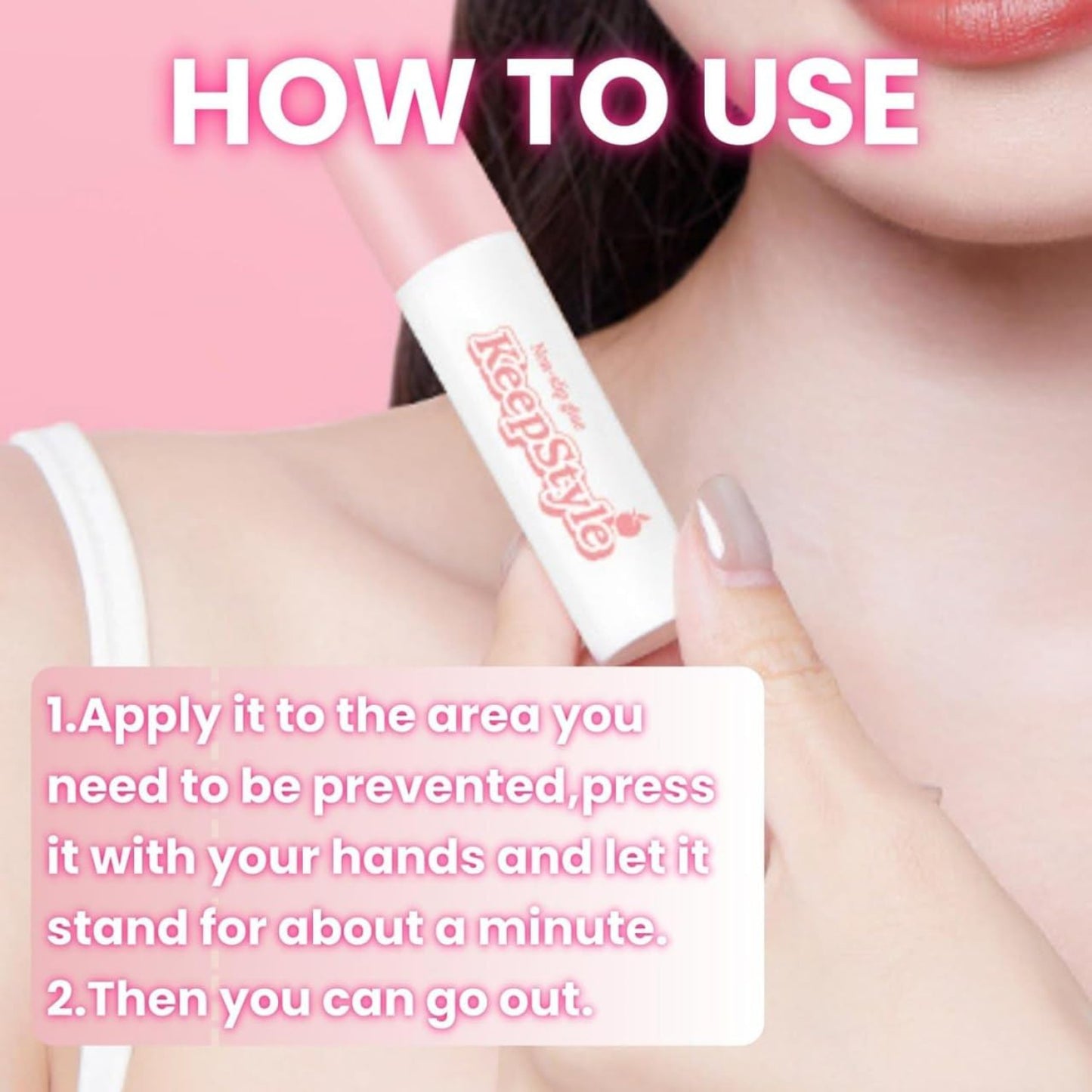 Lip balm with text on how to use it against a pink background