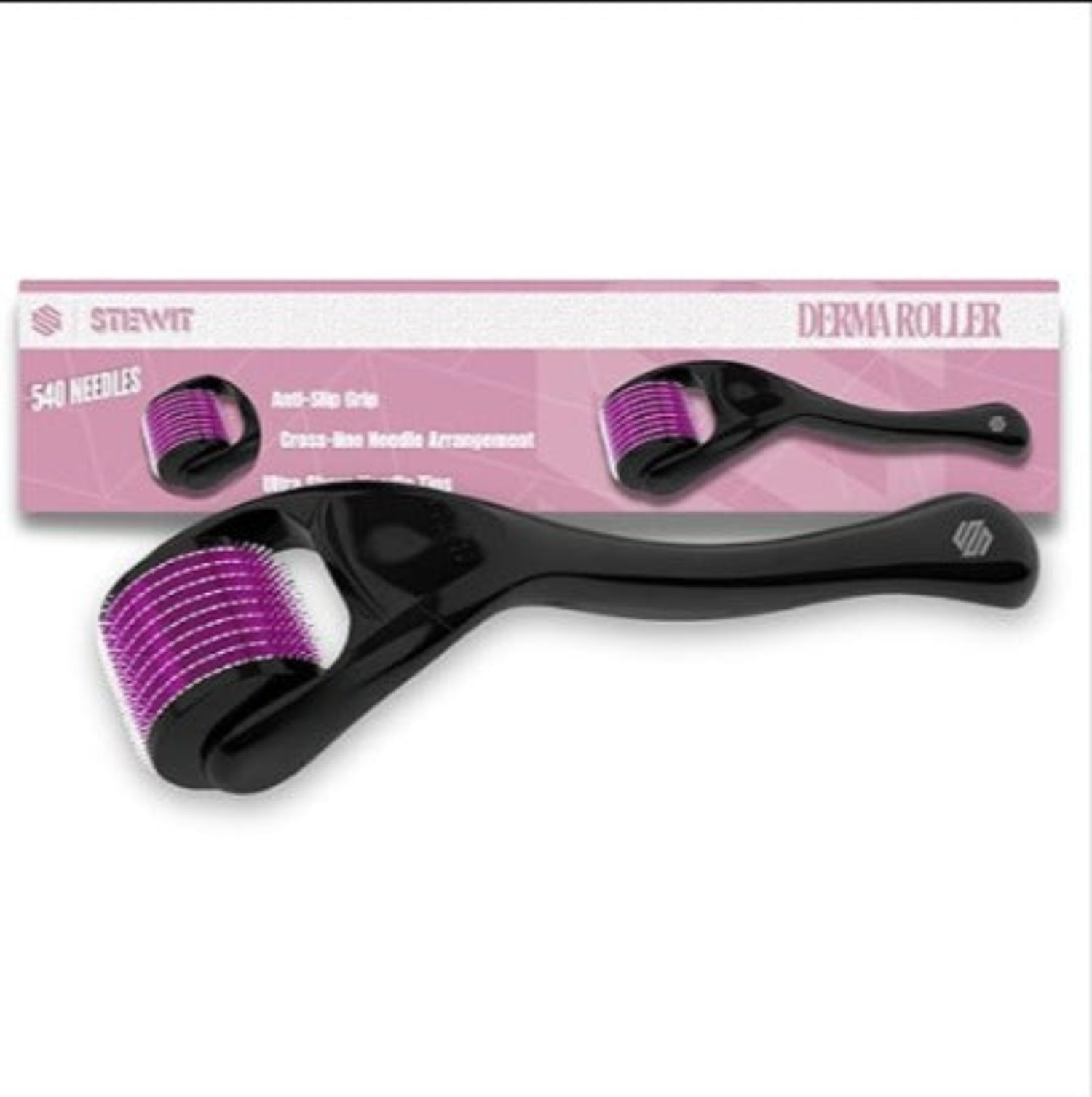 Black derma roller with purple needles on a white background
