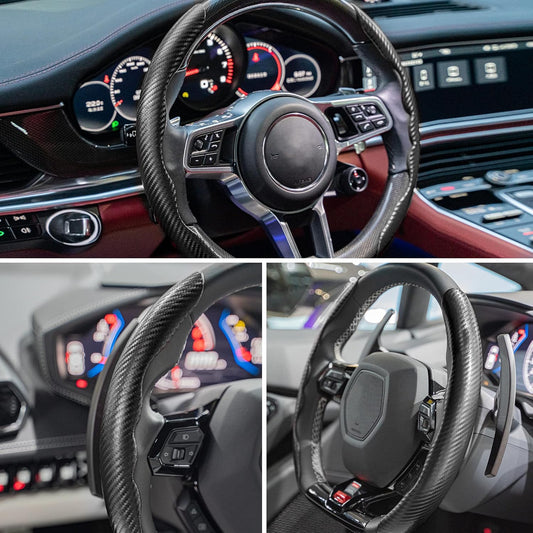 Steering wheel and dashboard of a car with close-up details