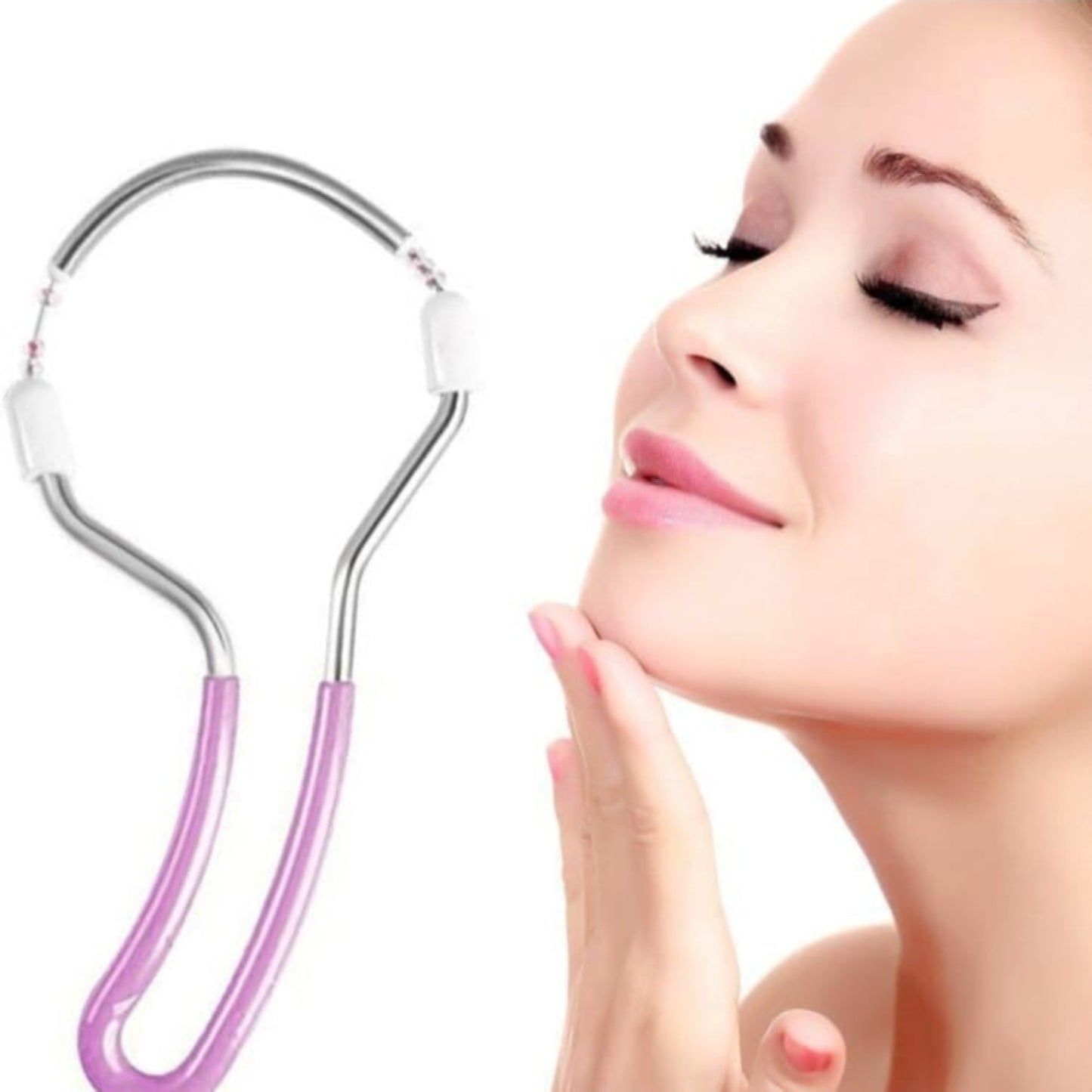 Beauty tool with a woman using it on her face against a white background