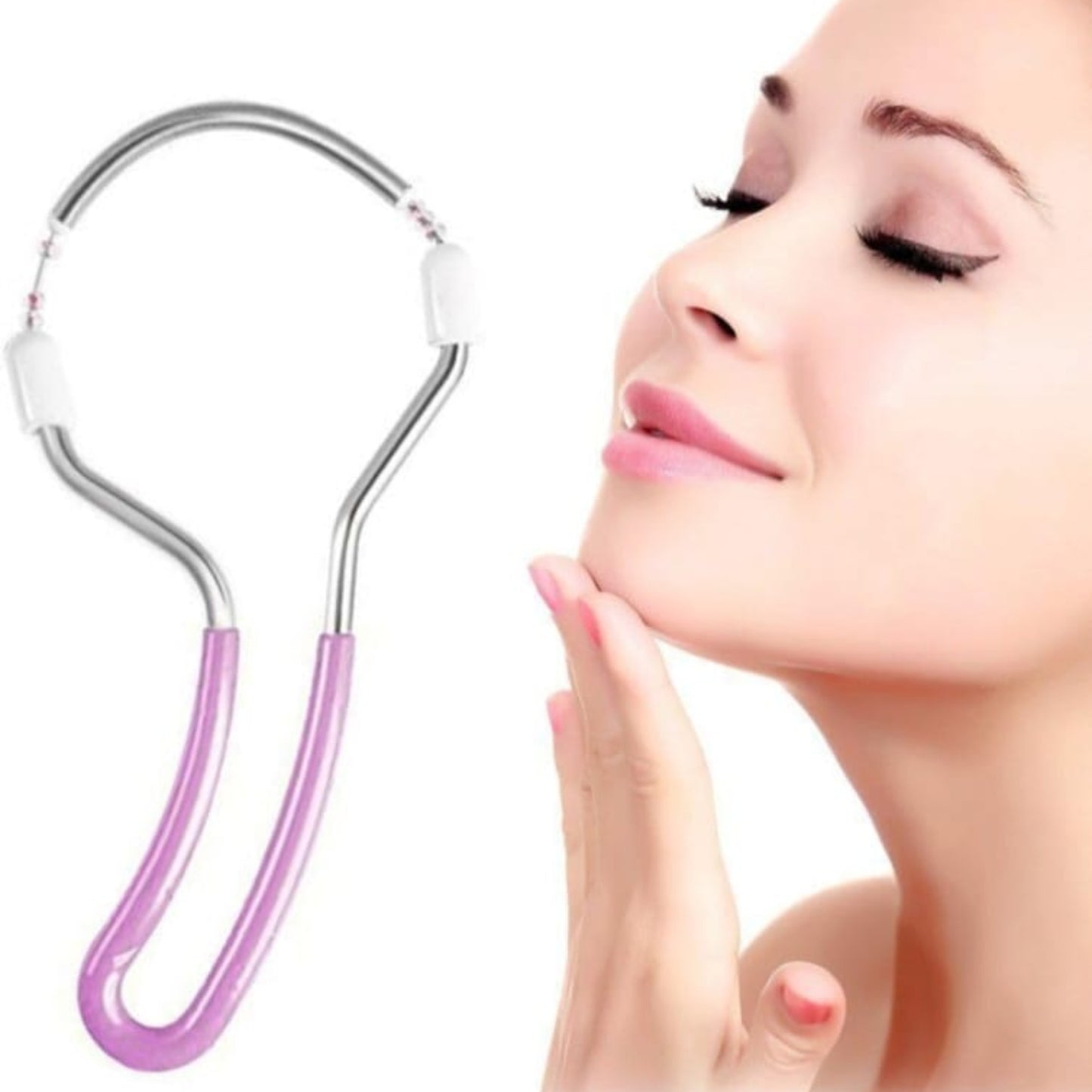 Beauty tool with a woman using it on her face against a white background