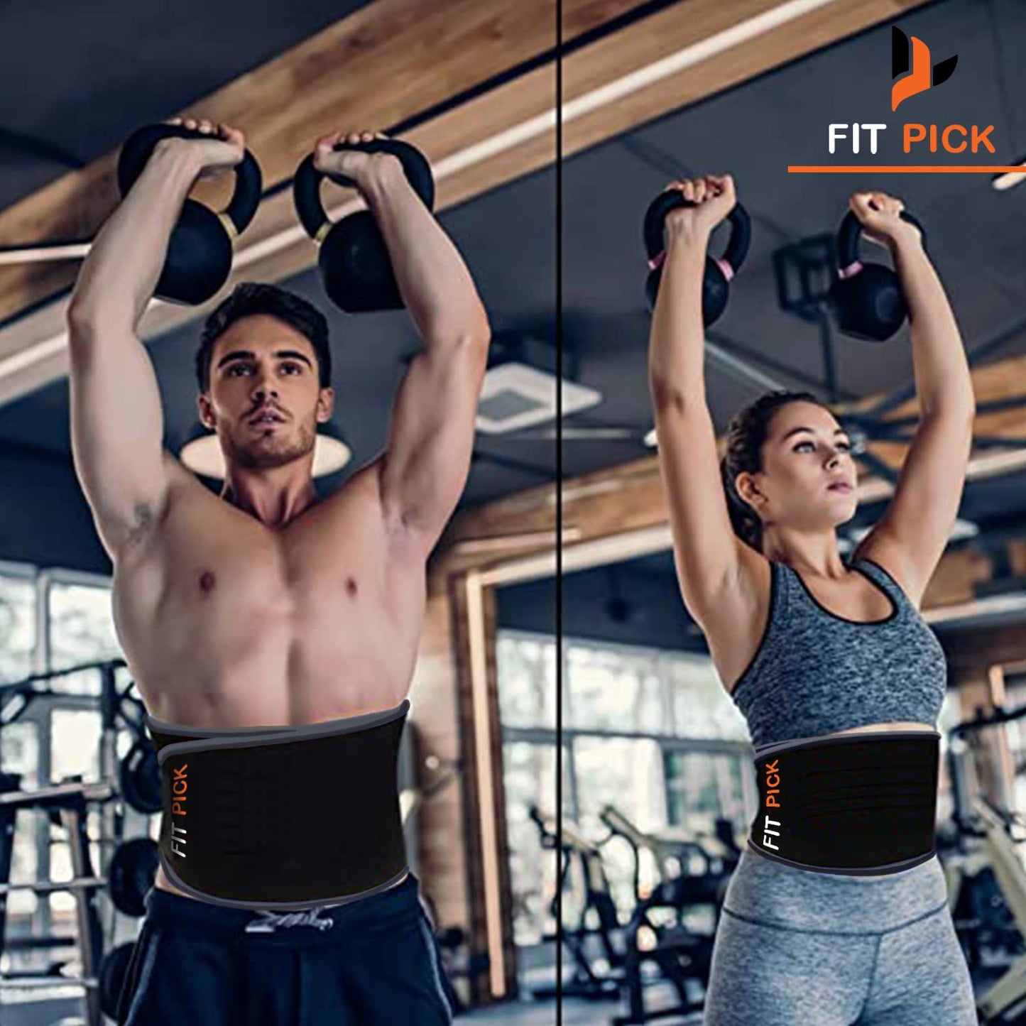 Two people exercising with dumbbells in a gym, wearing Fit Pick waist belts.-grandsell