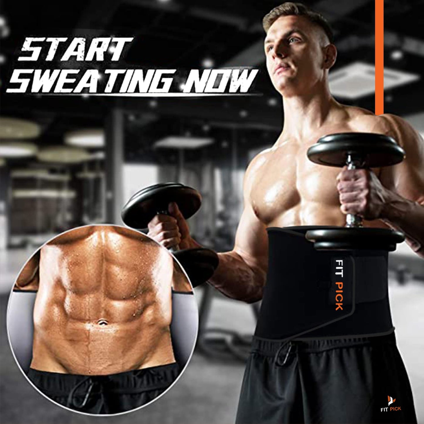 Man exercising with dumbbells wearing a waist trainer in a gym setting, with text 'Start Sweating Now' and 'Fit Pick' branding.grandsell