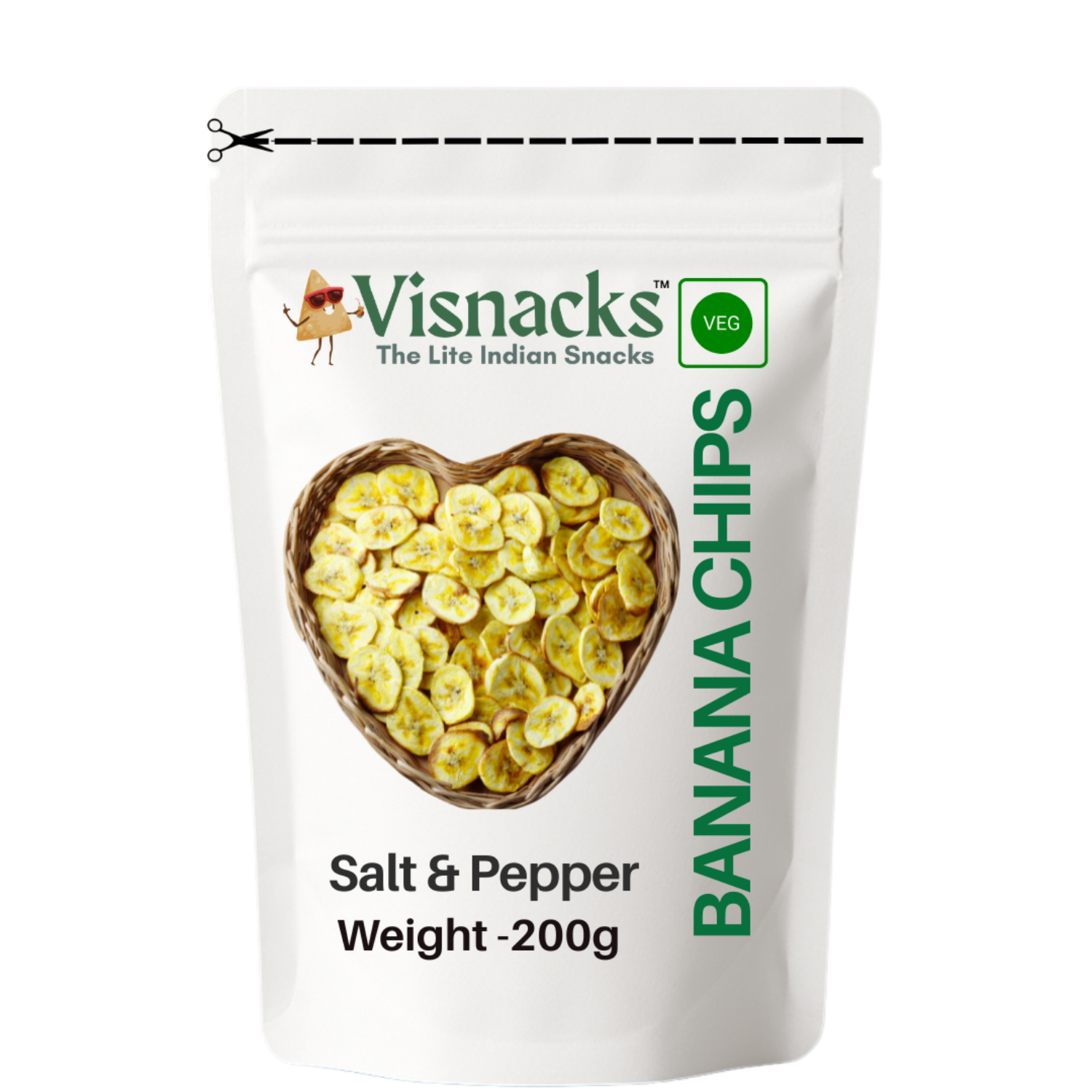 Visnacks salt & pepper banana chips packaging on a white background
