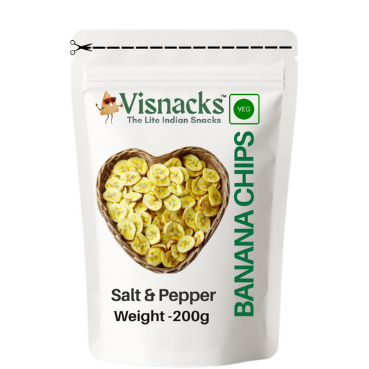 Visnacks salt & pepper banana chips packaging on a white background