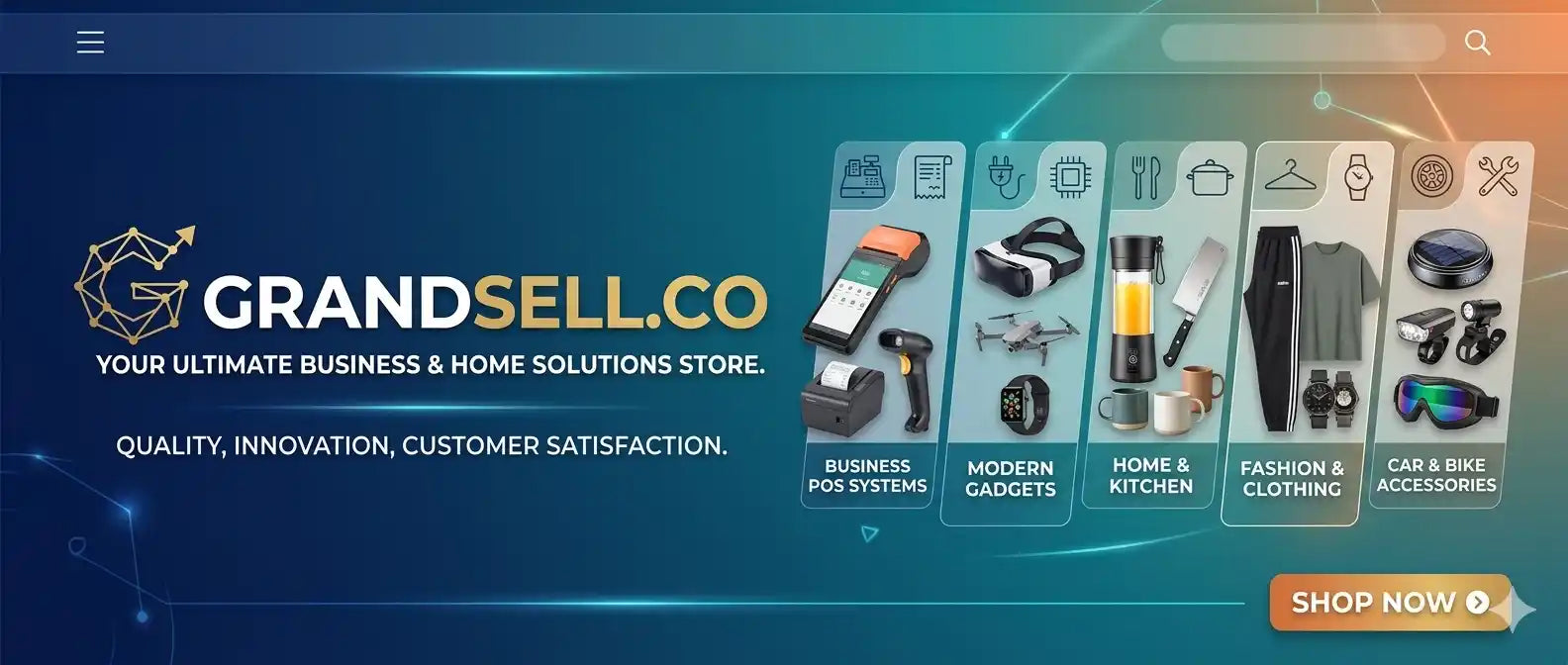 GrandSell.co homepage with product categories and a 'Shop Now' button on a blue background.