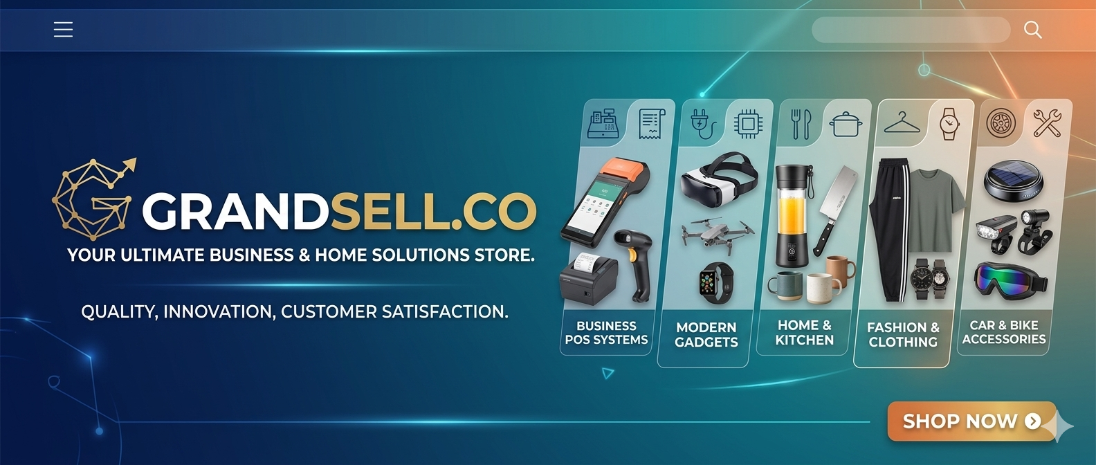 GrandSell.co homepage with product categories and a 'Shop Now' button on a blue background.