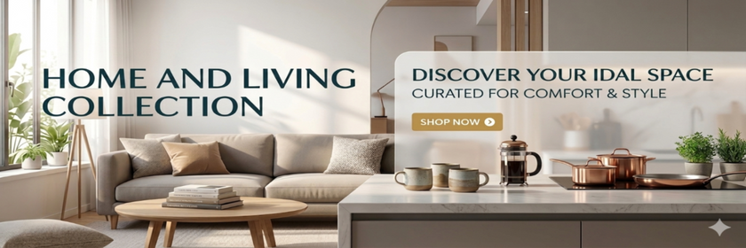 Modern living room with a sofa, coffee table, and kitchen counter with a 'Home and Living Collection' advertisement.