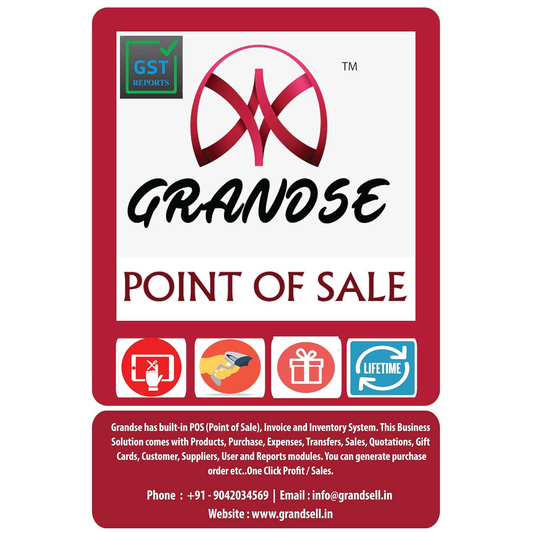 Grandose Point of Sale system packaging with logo and features on a white background