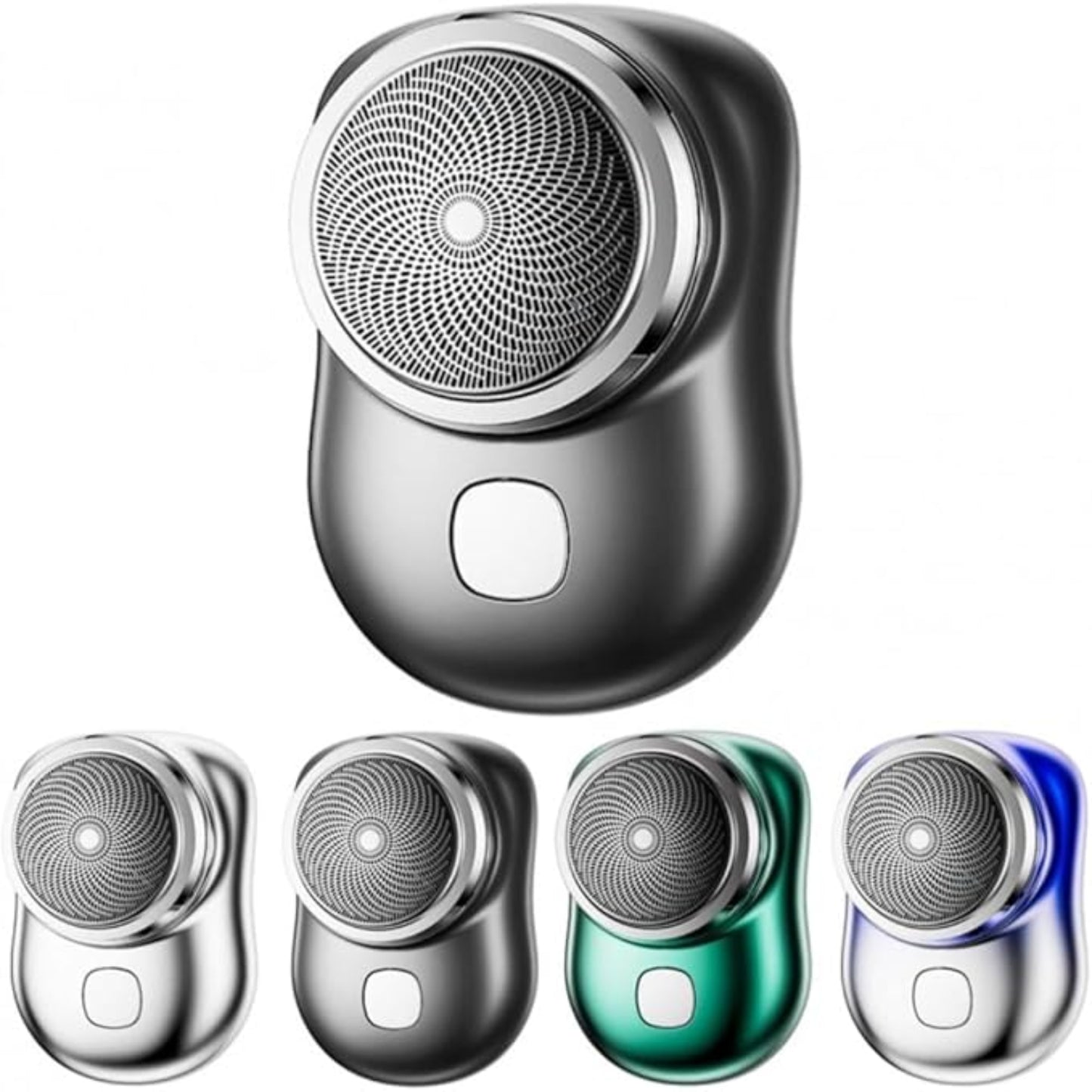 Set of five electric shavers in different colors on a white background