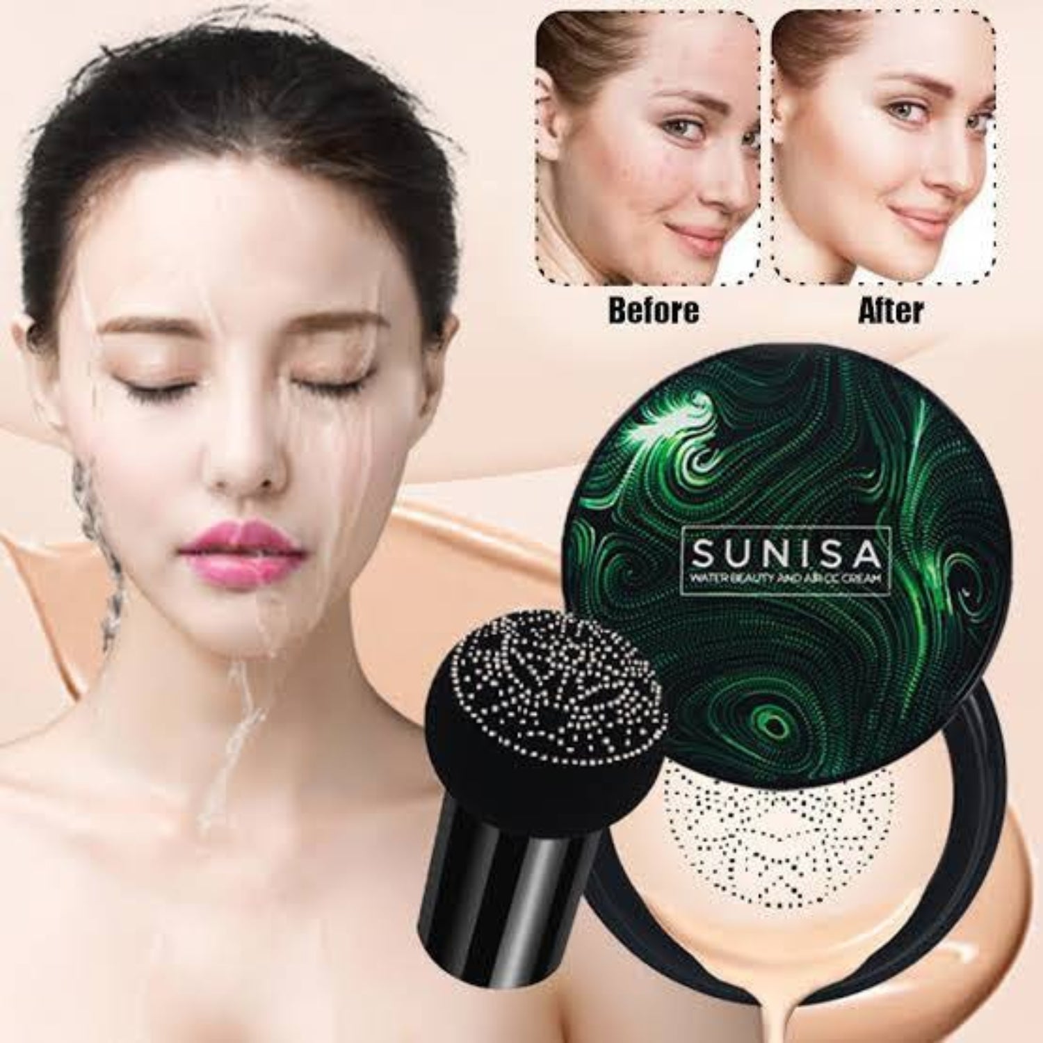 Woman applying cream with a black applicator, showing 'Before' and 'After' effects, and Sunisa brand logo.
