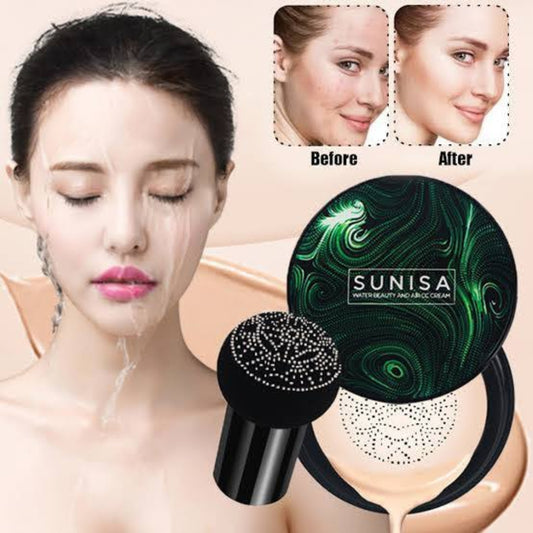 Woman applying cream with a black applicator, showing 'Before' and 'After' effects, and Sunisa brand logo.
