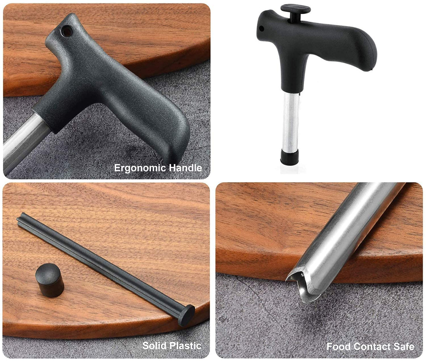 Collage of a kitchen tool with ergonomic handle, solid plastic component, and food contact safe feature on a wooden surface.