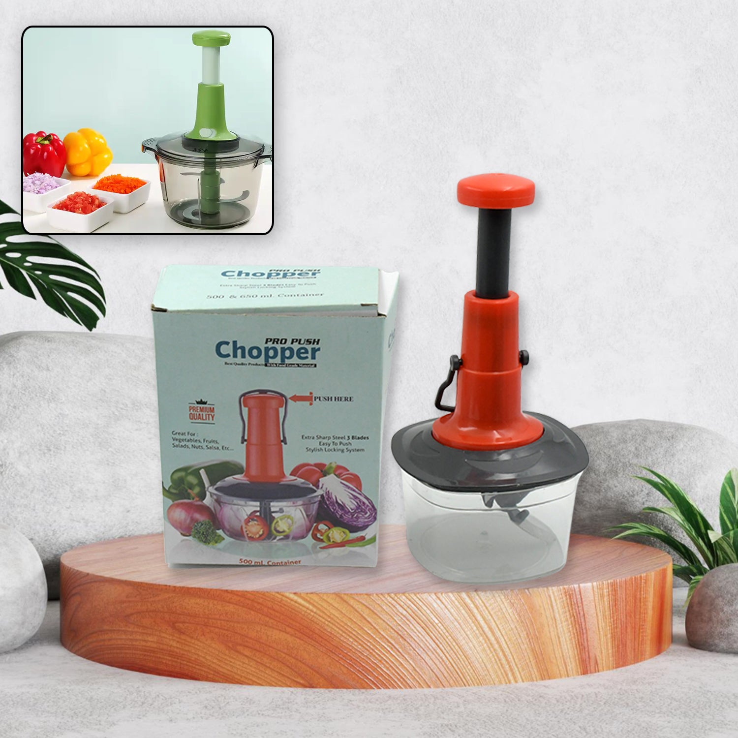 Manual Press Fruit  Vegetable Chopper With 3 Stainless Steel Blades Anti-slip Base And Locking System Cutting Chopper For Kitchen (650 Ml)