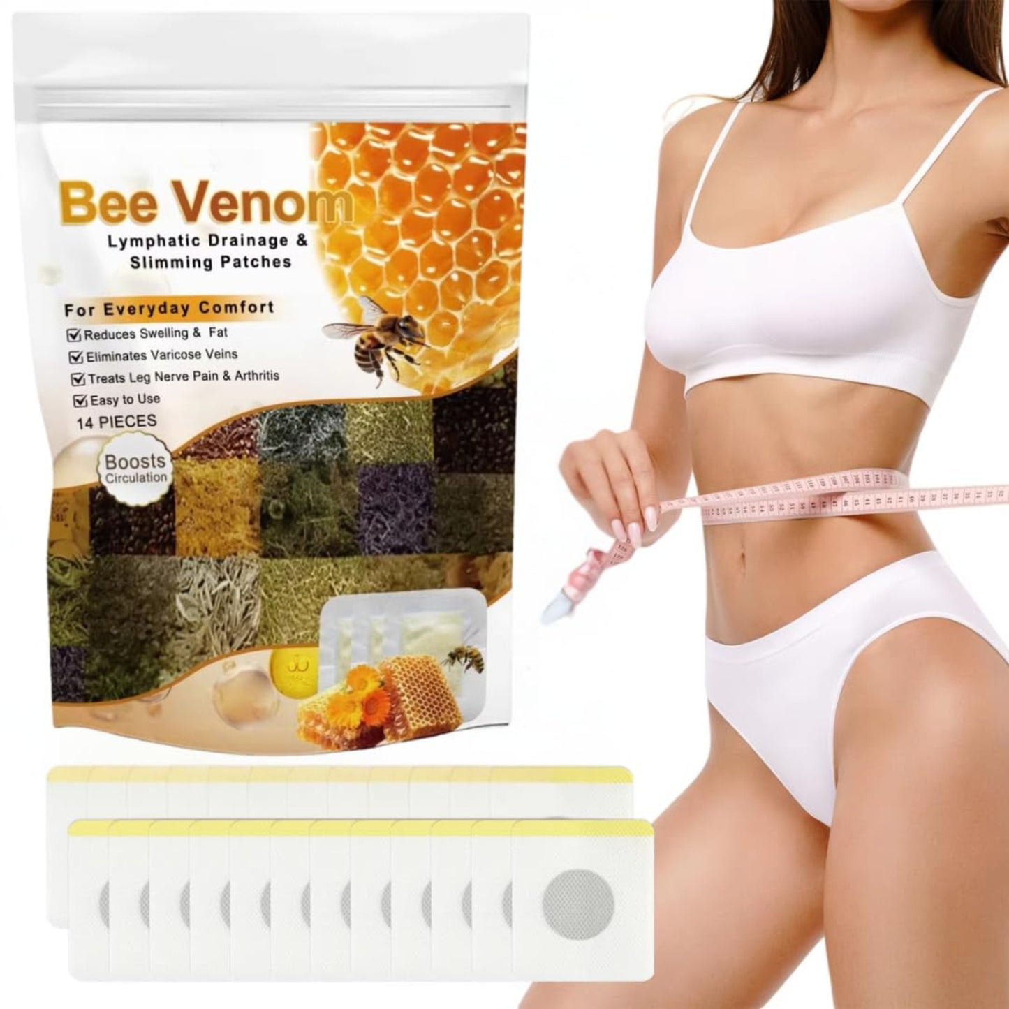 Bee Venom lymphatic drainage and slimming patches packaging with a person measuring their waist. grandsell