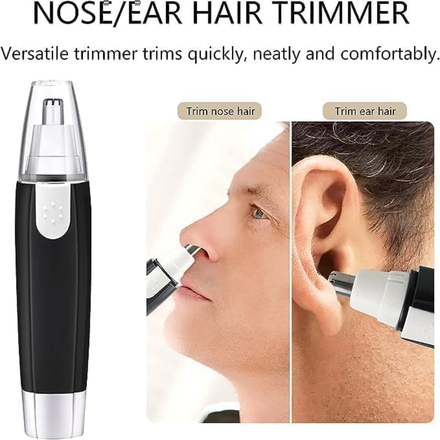 Nose/Ear Hair Trimmer with usage examples on a white background