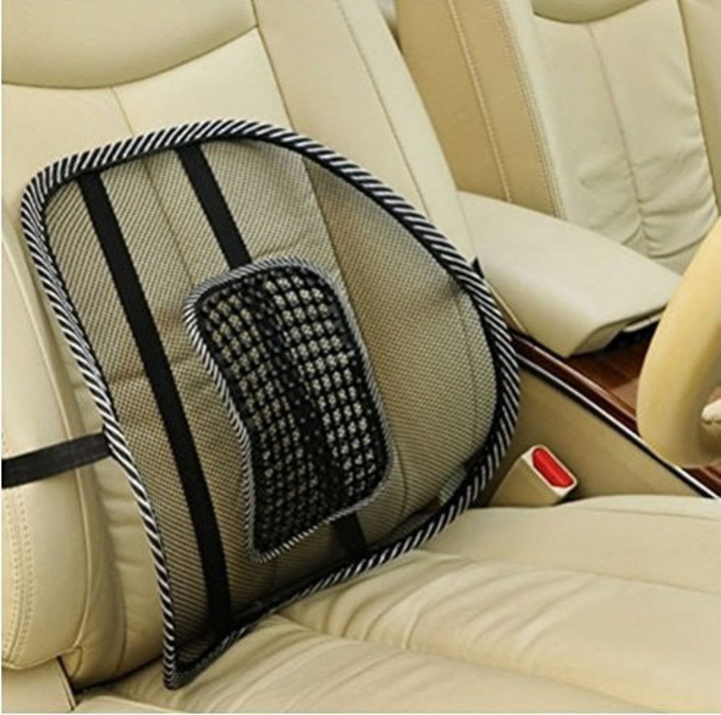 Car backrest cushion with mesh design on a car seat