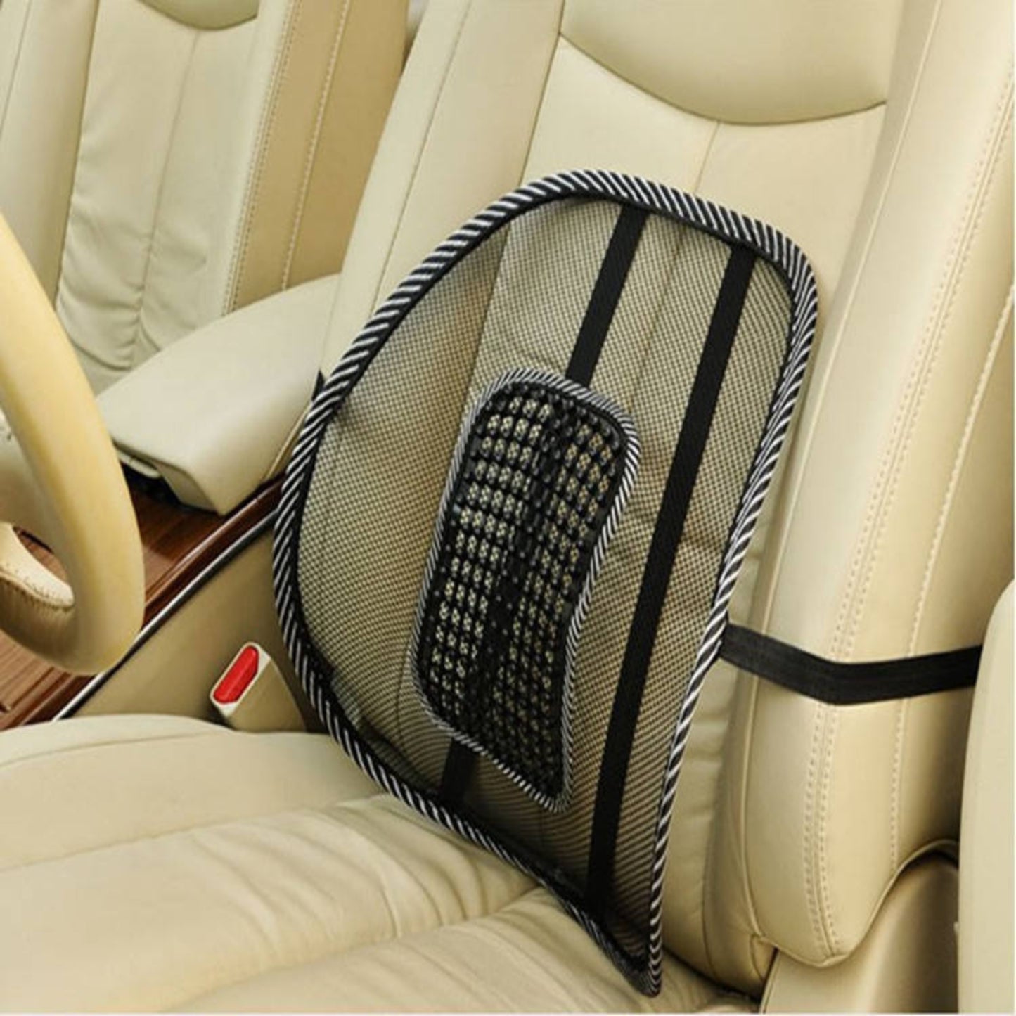 Car seat backrest with a mesh cushion on a beige car interior