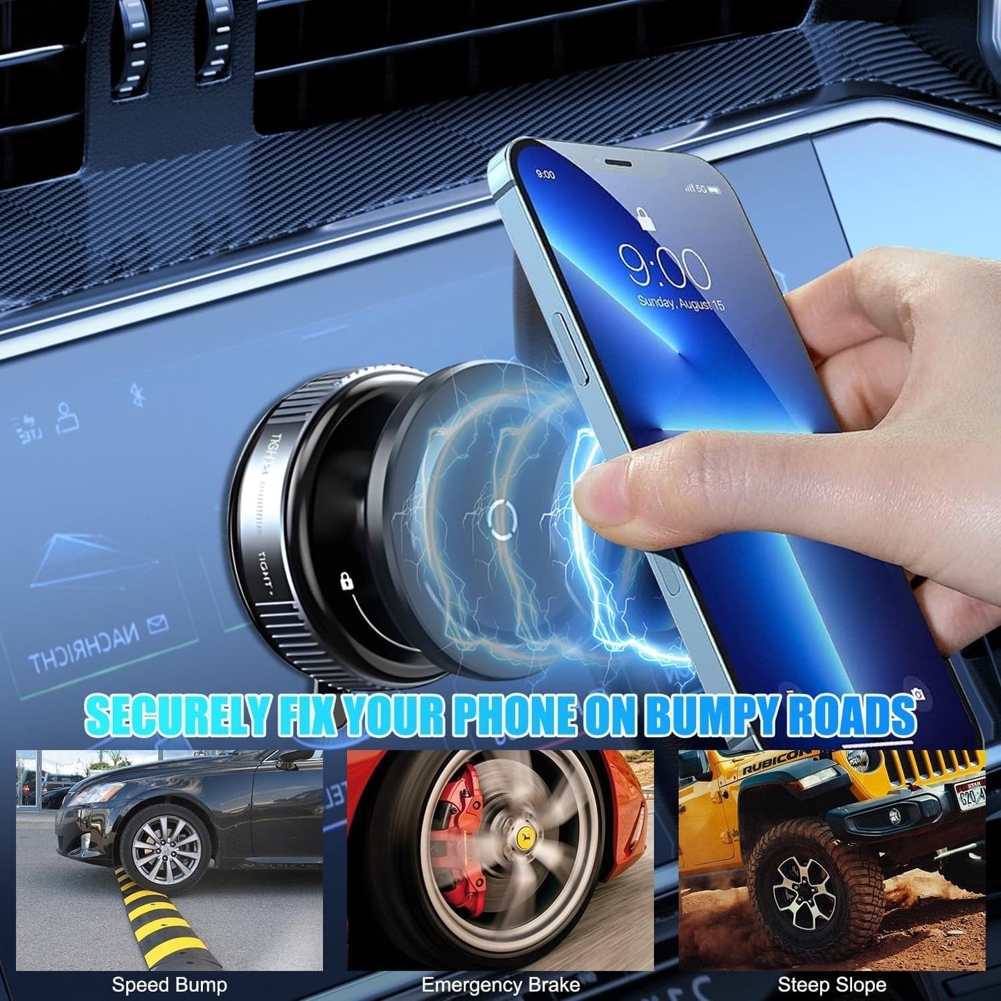 Phone holder being used in a car with text 'Securely fix your phone on bumpy roads' and images of a speed bump, emergency brake, and steep slope.
