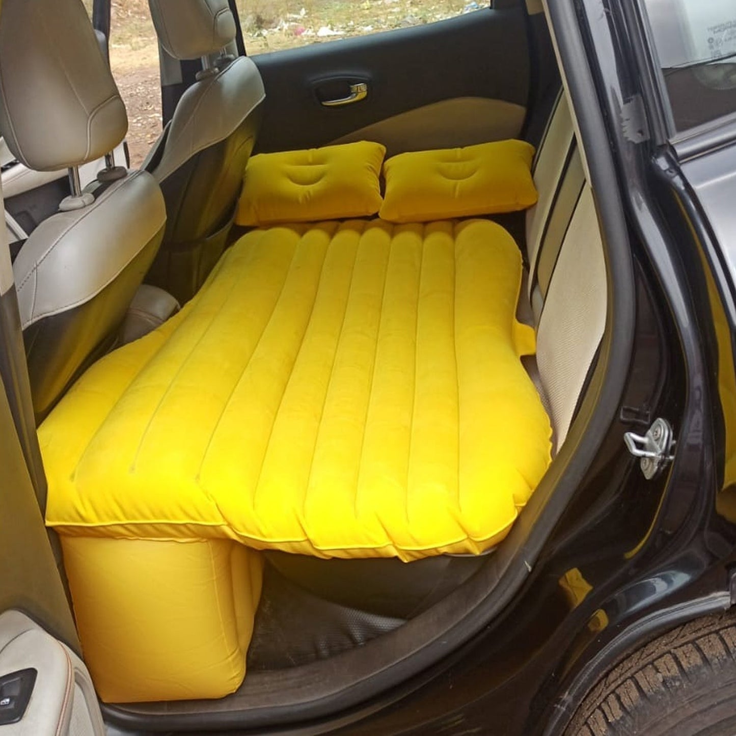 Car Inflatable Bed With 2 Pillows Air Pump (Portable) For Travel Camping Vacation Polyester Inflatable Travel Car Bed Air Sofa With Two Inflatable Pillow And Air Pump For Car Back Seat Air Pump Random Colour - Grandsell