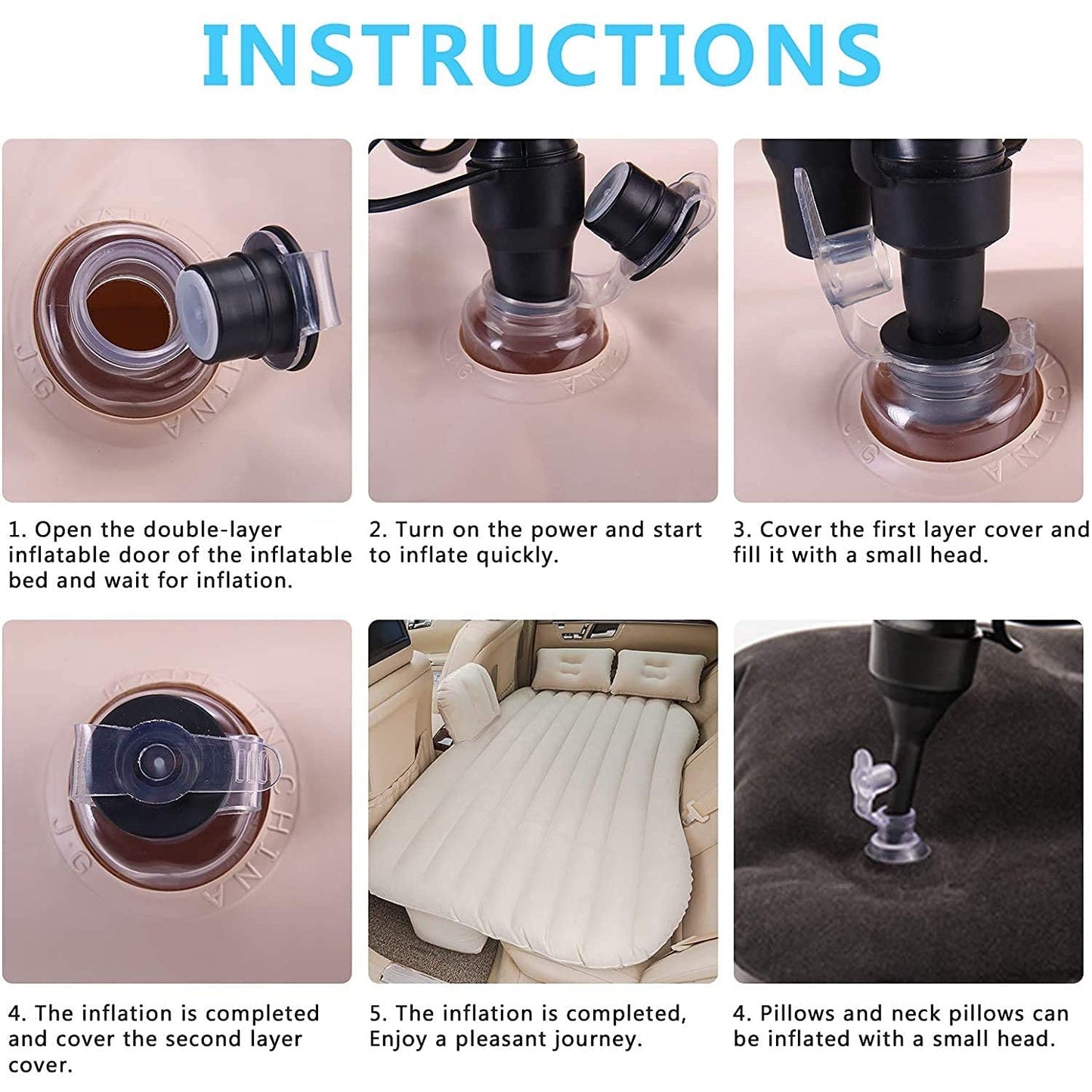 Car Inflatable Bed With 2 Pillows Air Pump (Portable) For Travel Camping Vacation Polyester Inflatable Travel Car Bed Air Sofa With Two Inflatable Pillow And Air Pump For Car Back Seat Air Pump Random Colour - Grandsell
