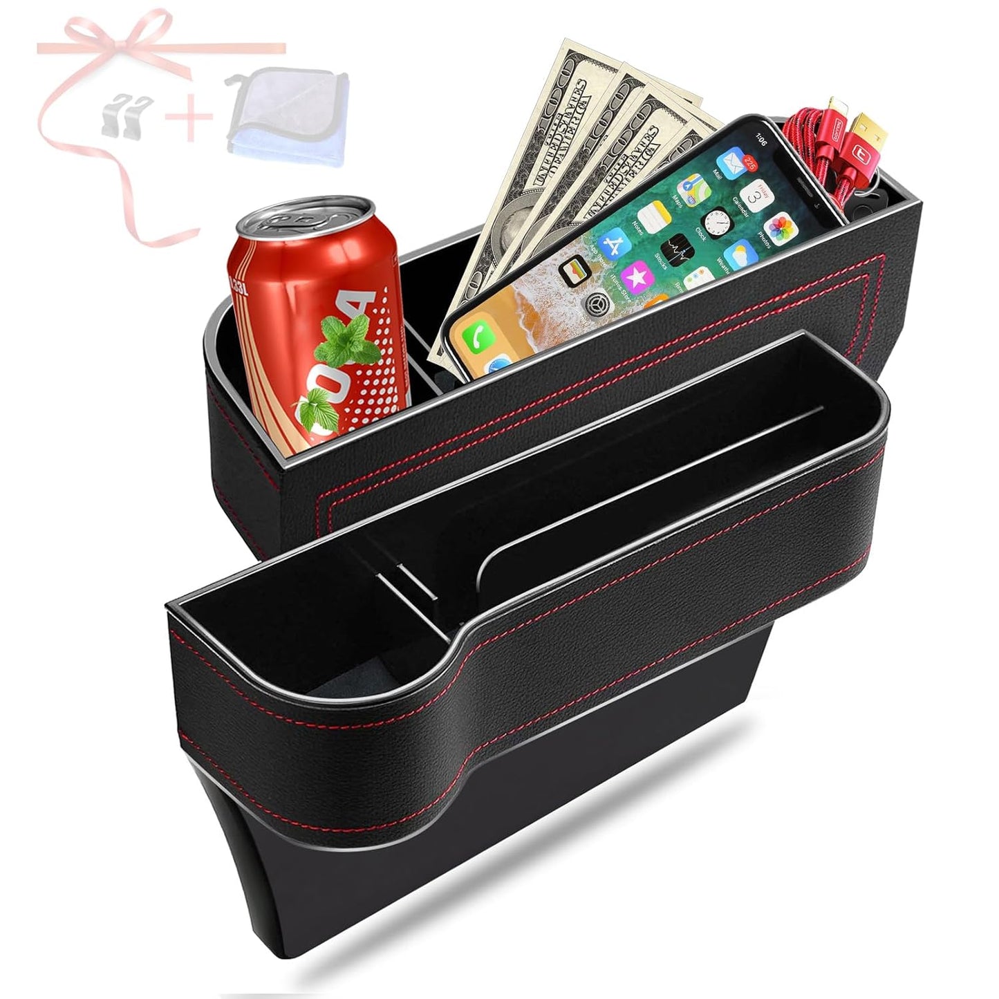 Car organizer with drink holder, phone, money, and other items on a white background