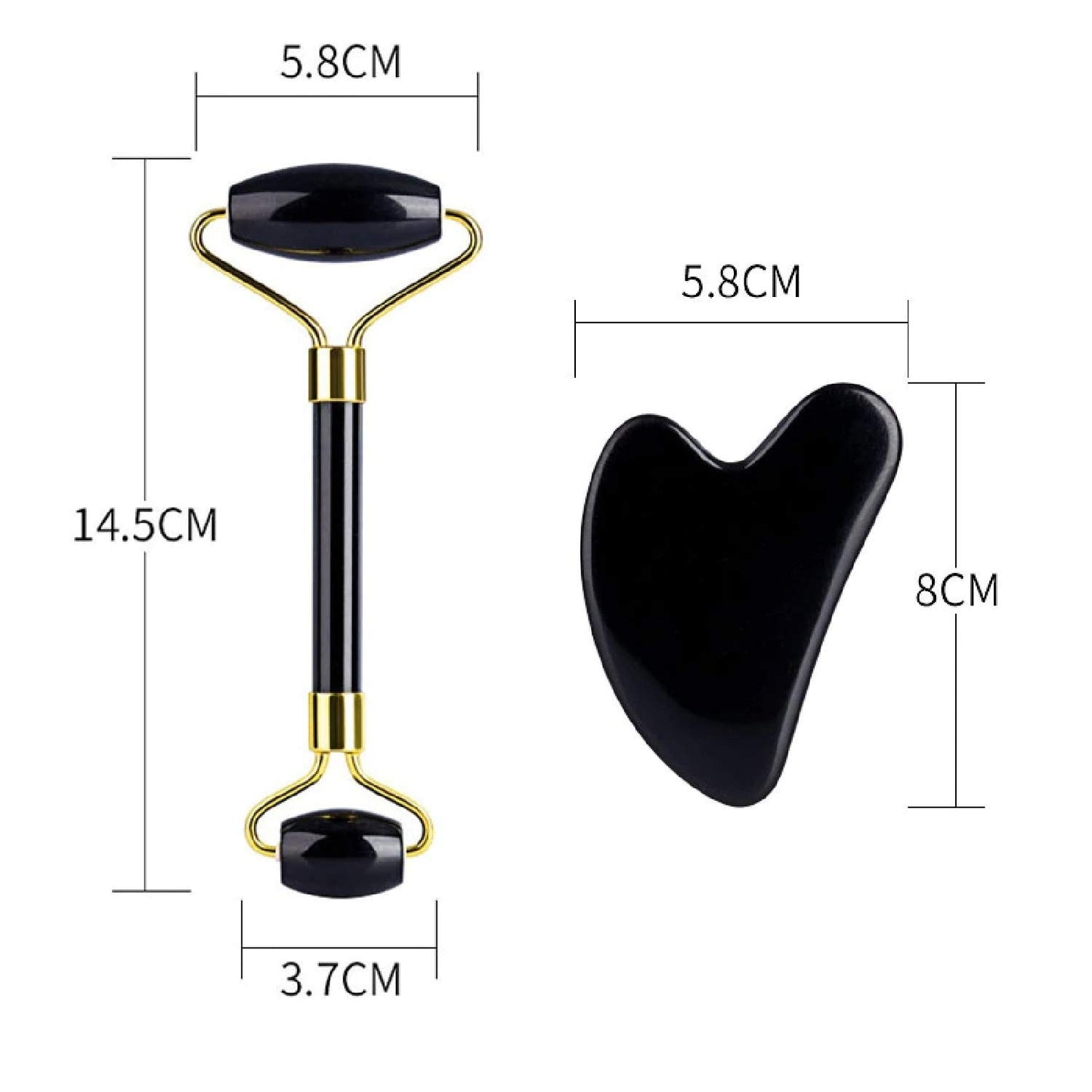 Black facial roller and gua sha tool with measurements on a white background