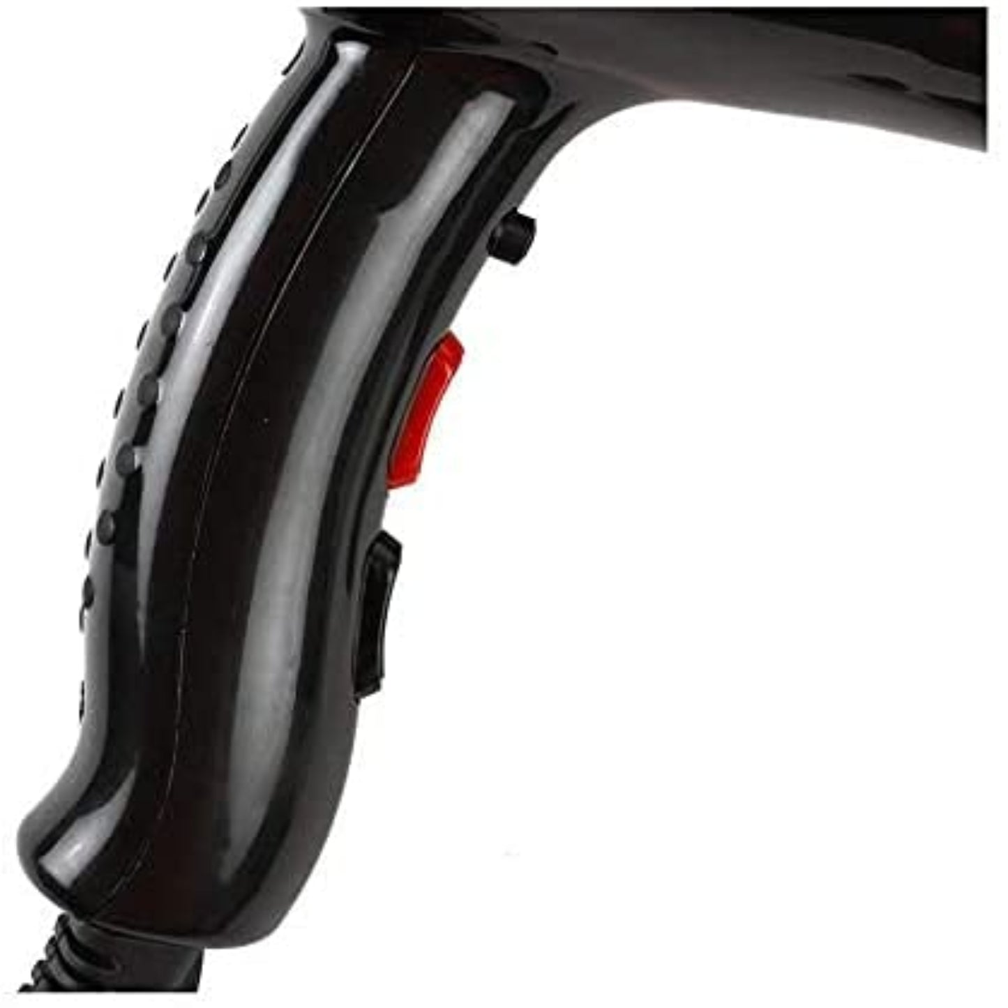 Close-up of a black hair dryer handle with a red button on a white background