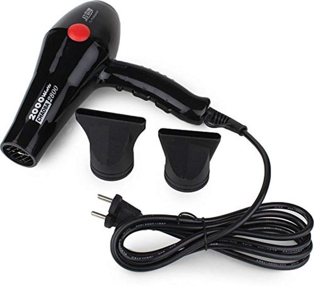 Black hair dryer with attachments on a white background