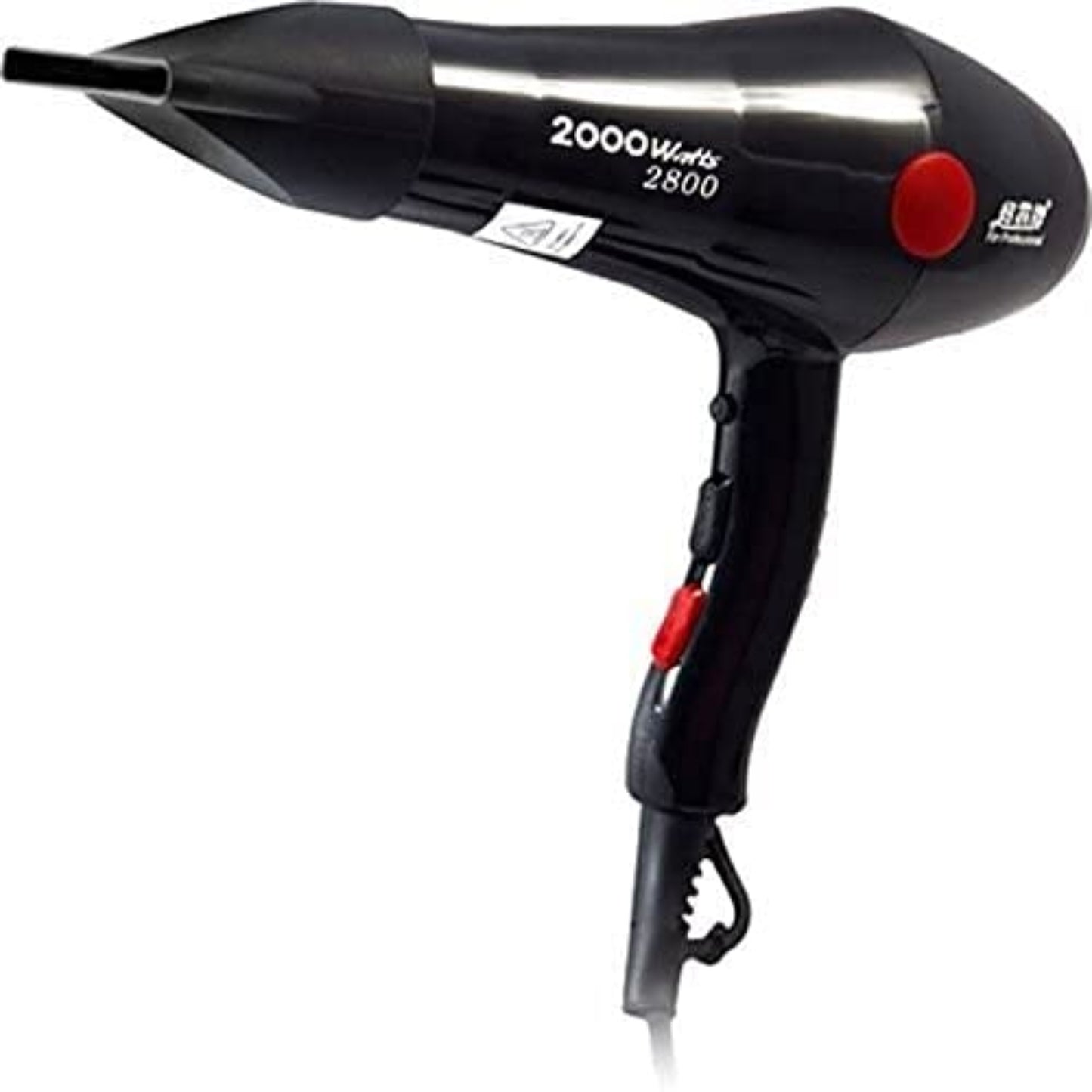 Black hair dryer with red buttons on a white background